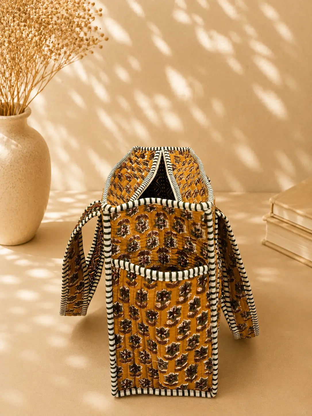 Quilted Block Printed Mustard Tote bag