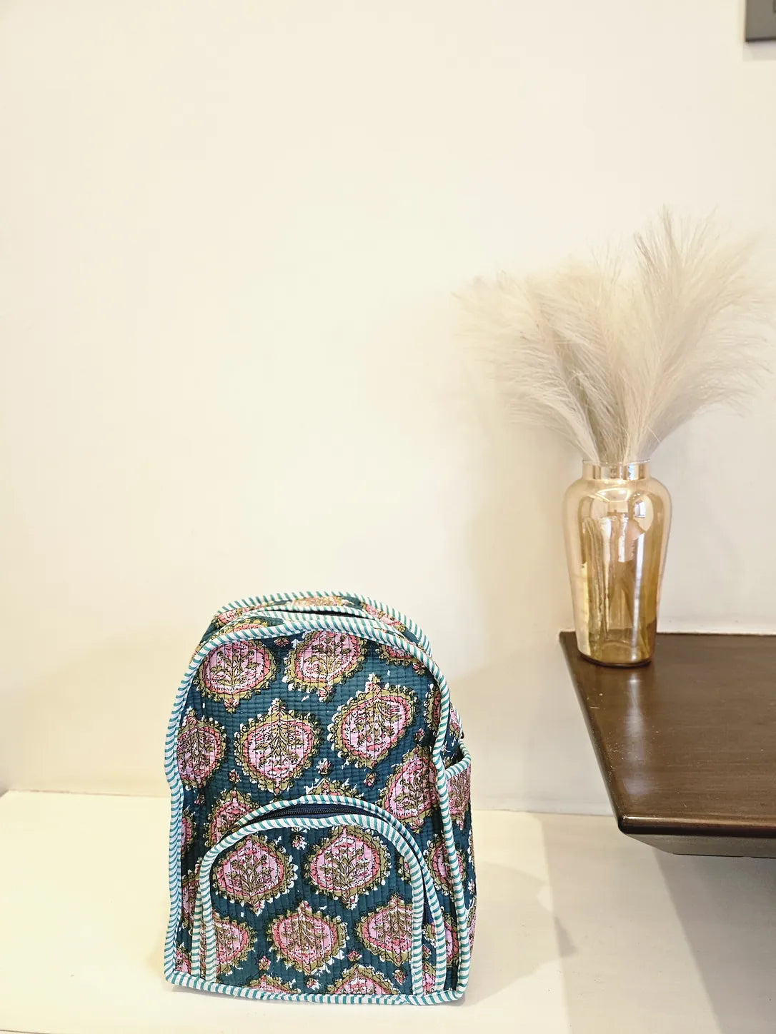 Hand Blockprinted Quilted Green Backpack