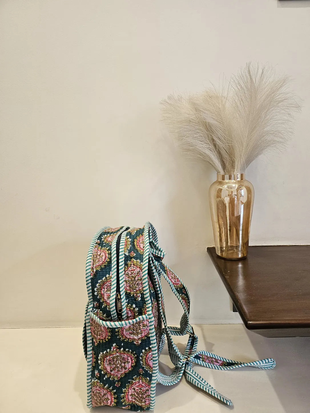 Hand Blockprinted Quilted Green Backpack