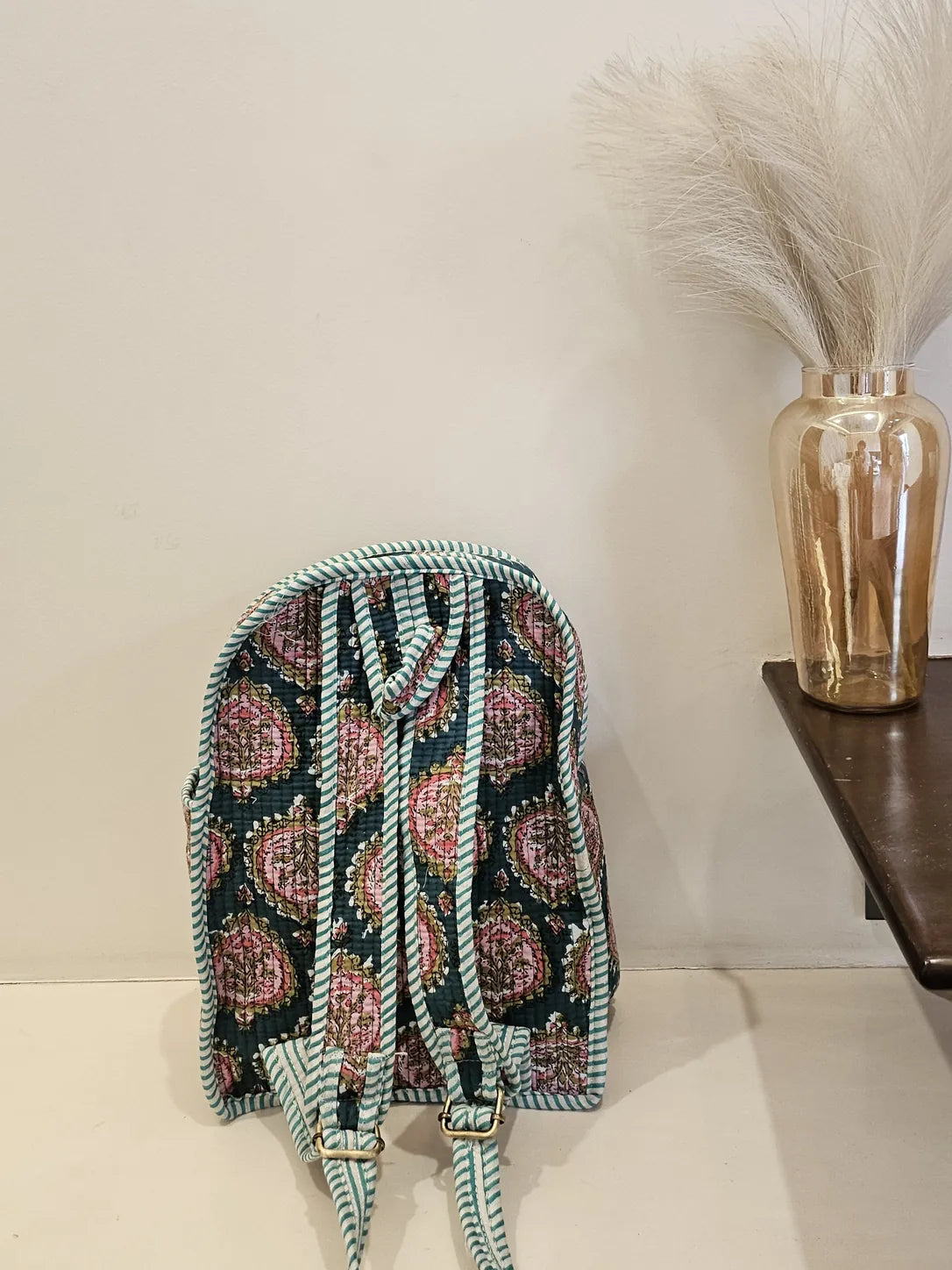 Hand Blockprinted Quilted Green Backpack