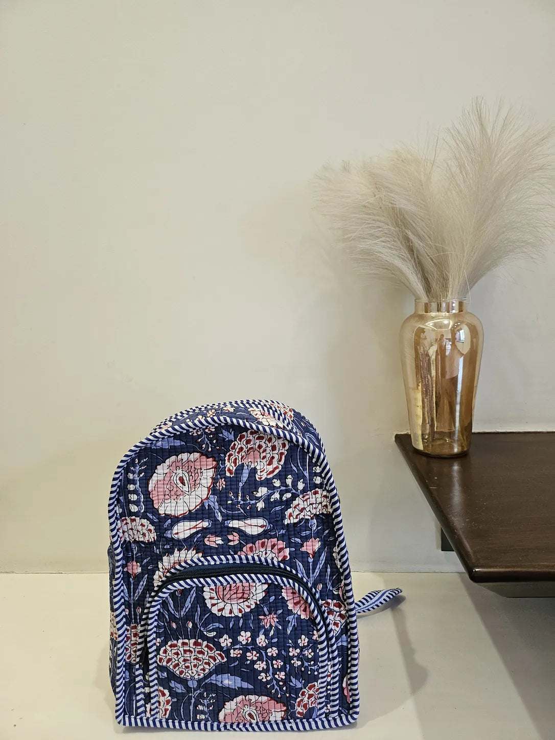 Hand Blockprinted Quilted Blue Backpack