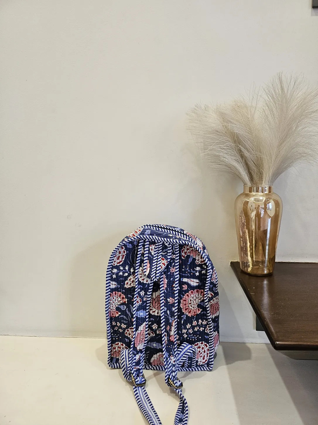 Hand Blockprinted Quilted Blue Backpack