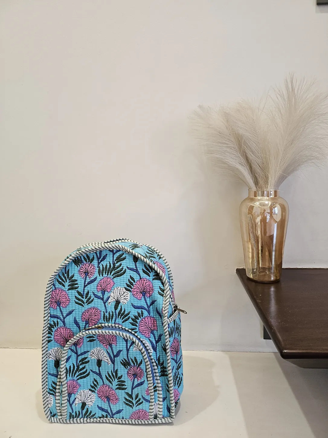 Hand Blockprinted Quilted Skyblue Backpack