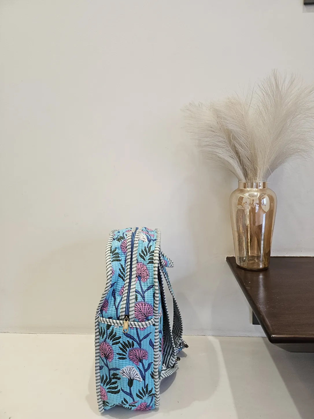 Hand Blockprinted Quilted Skyblue Backpack
