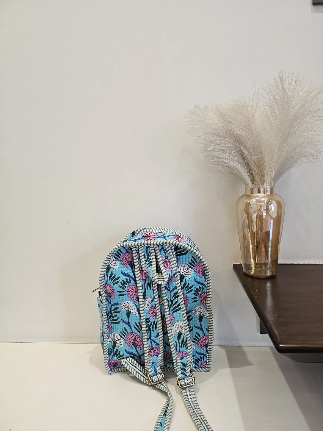 Hand Blockprinted Quilted Skyblue Backpack