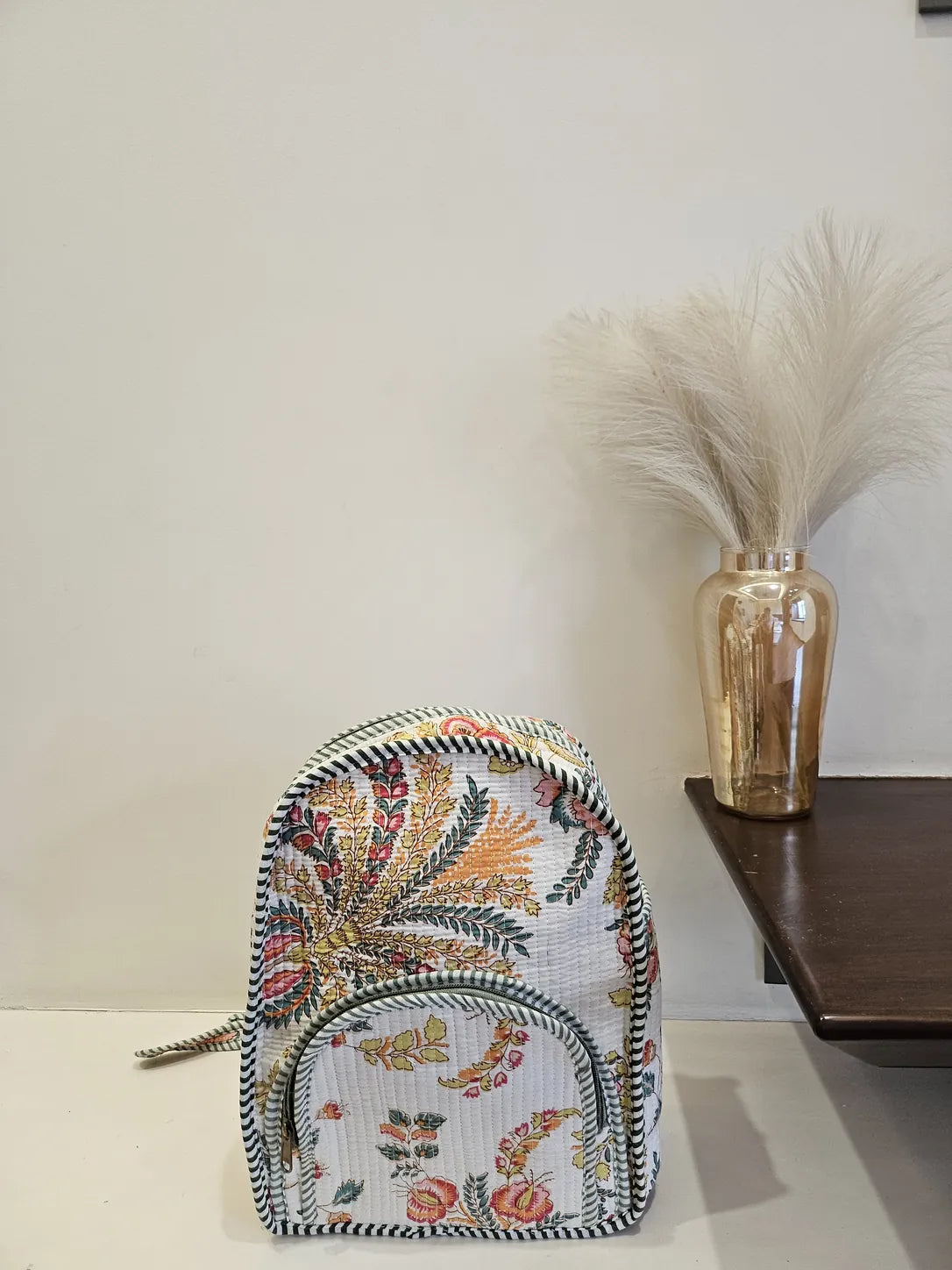 Hand Blockprinted Quilted White Backpack