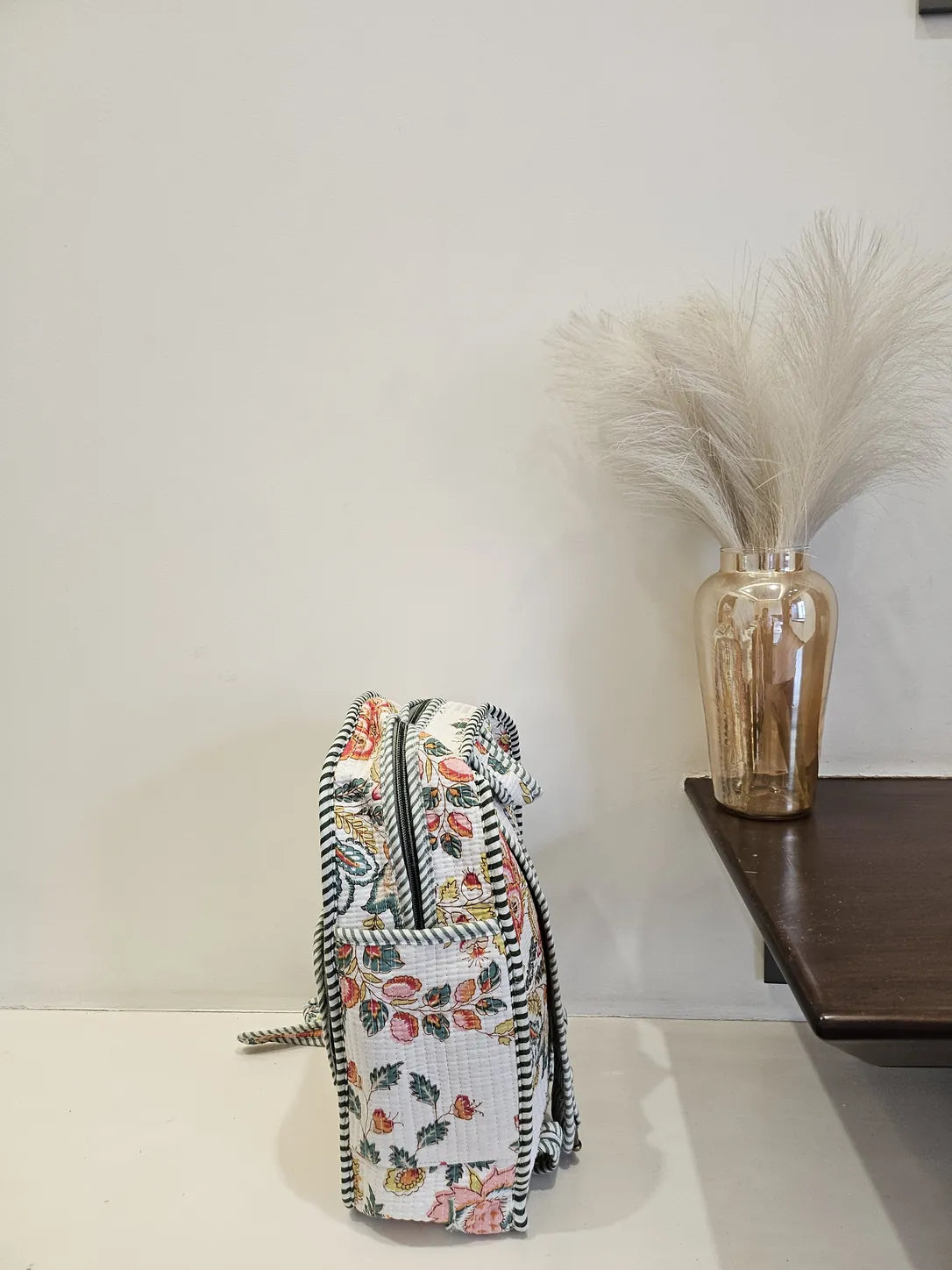 Hand Blockprinted Quilted White Backpack