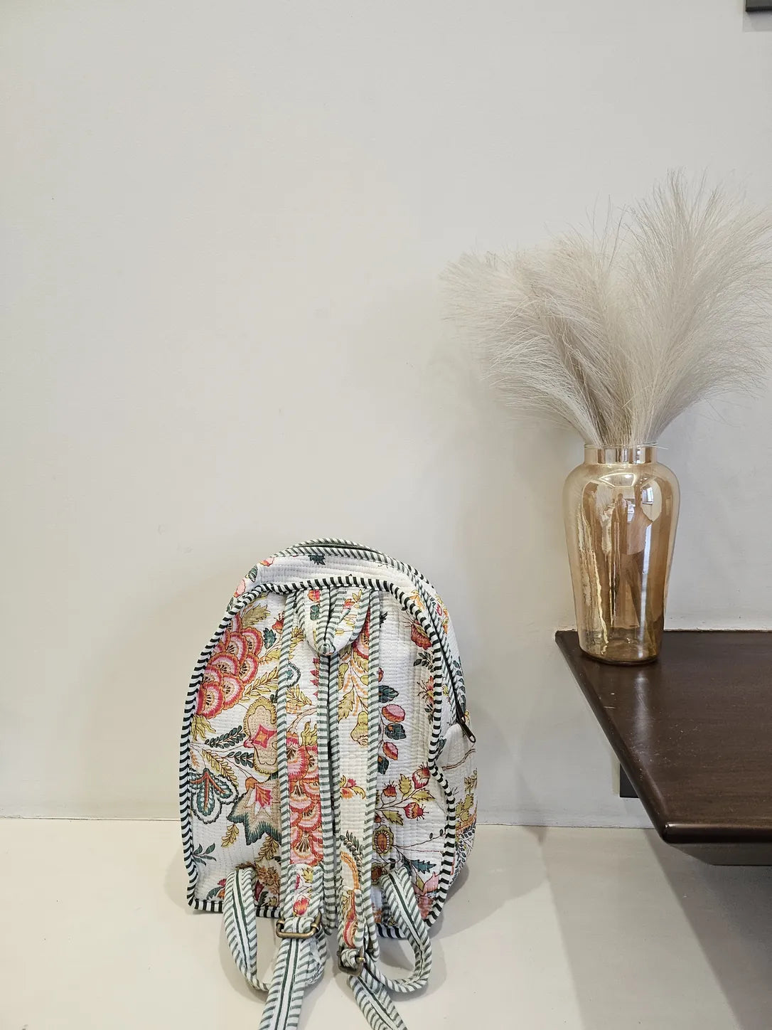 Hand Blockprinted Quilted White Backpack