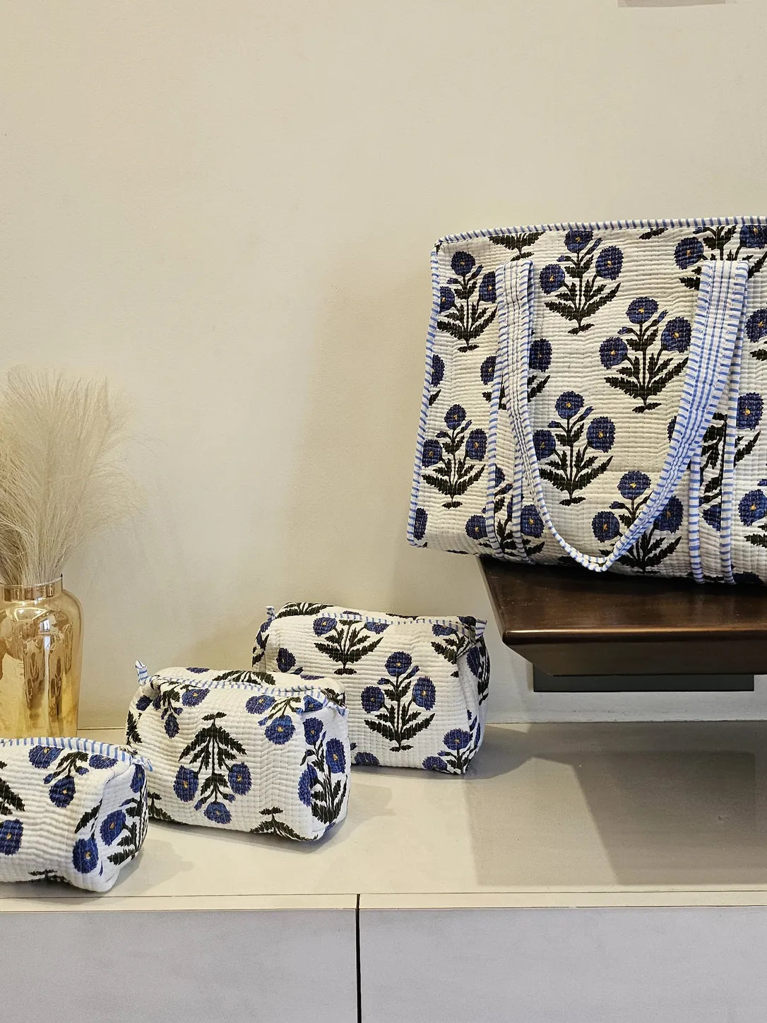 Quiilted Blockprinted White Blue Tote bag Combo