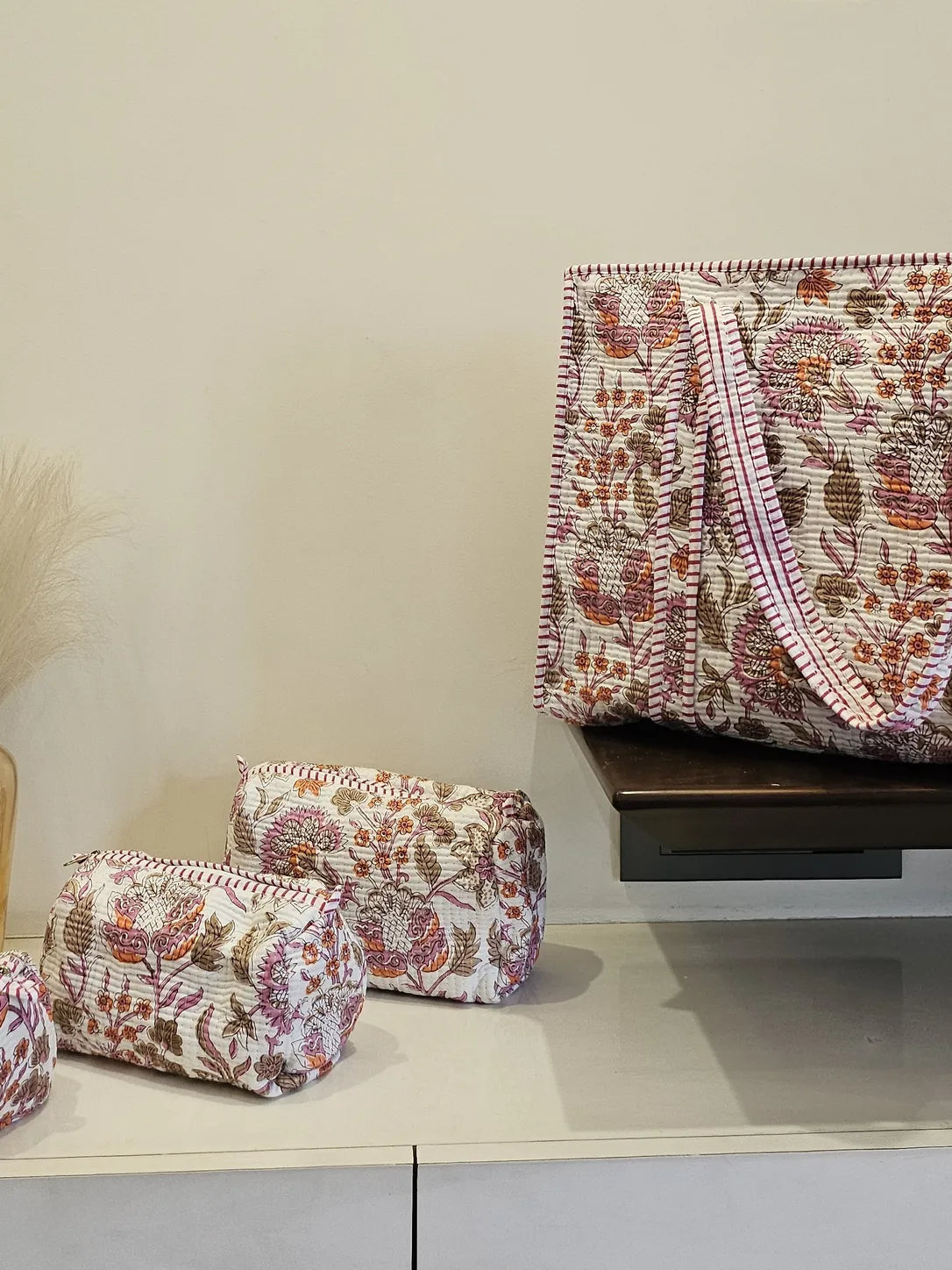 Quiilted Blockprinted White Multi Tote bag Combo