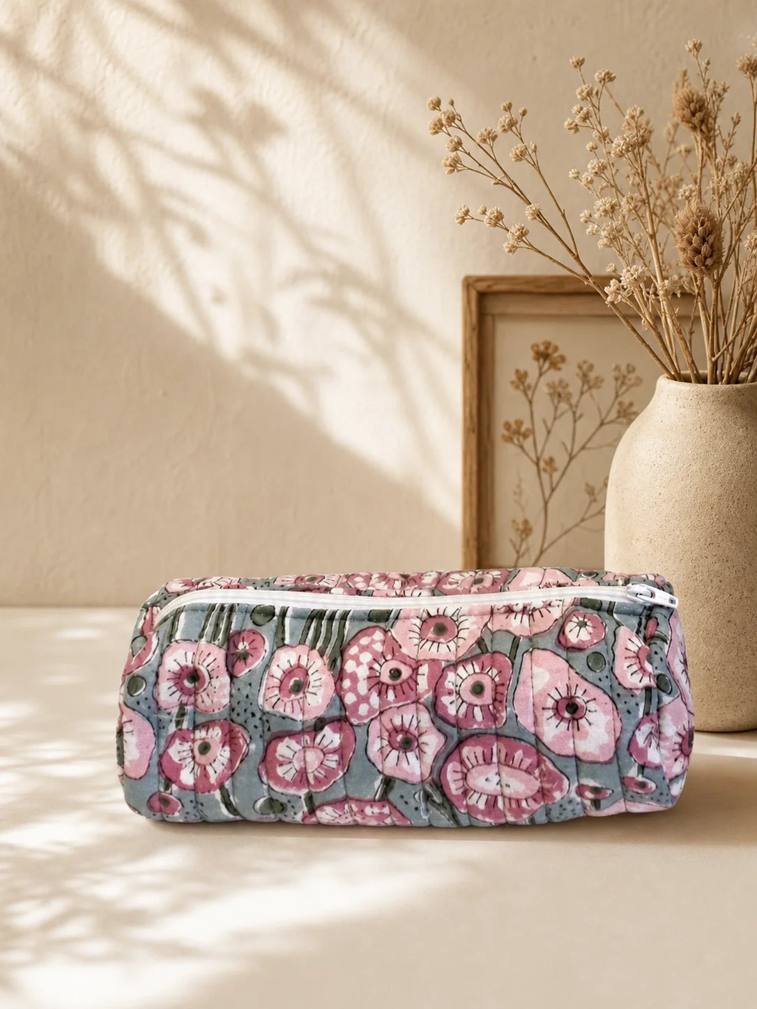 Quilted Handblock Printed Green pencil pouch