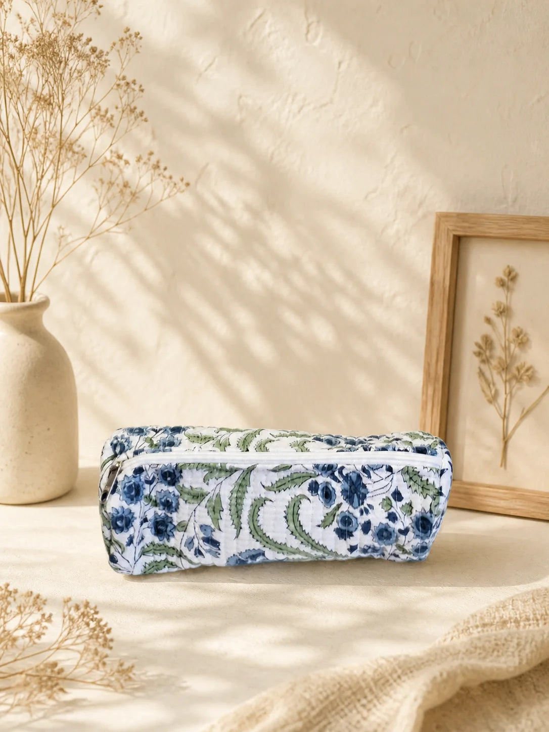 Quilted Handblock Printed White and Blue pencil pouch
