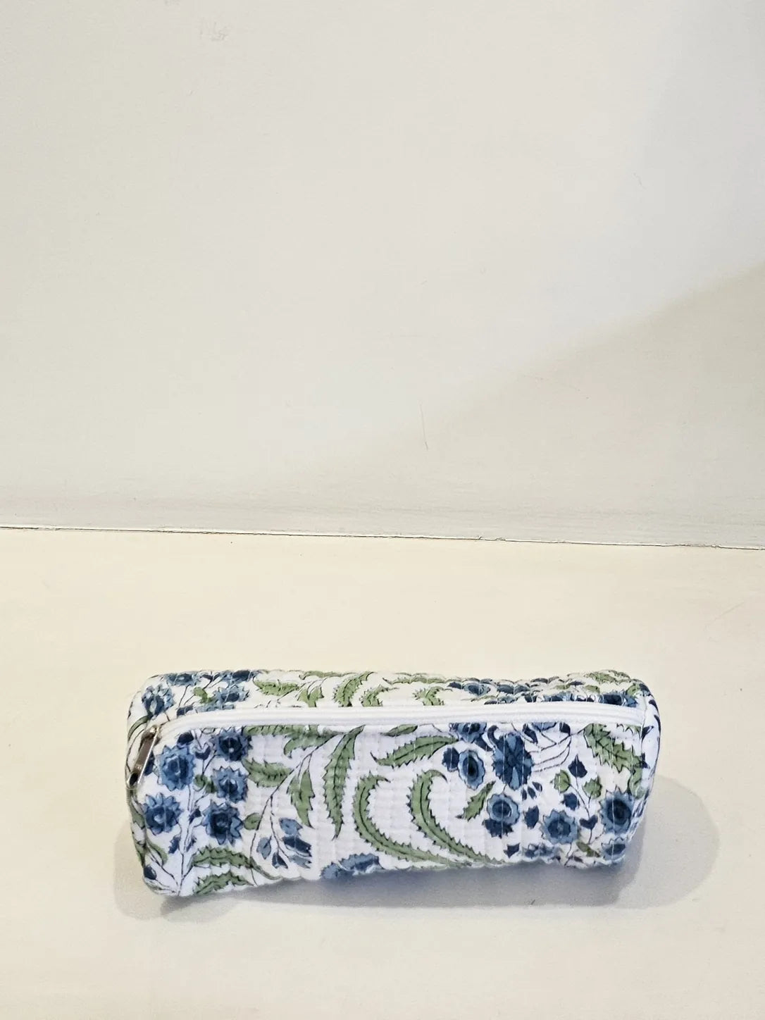 Quilted Handblock Printed White and Blue pencil pouch