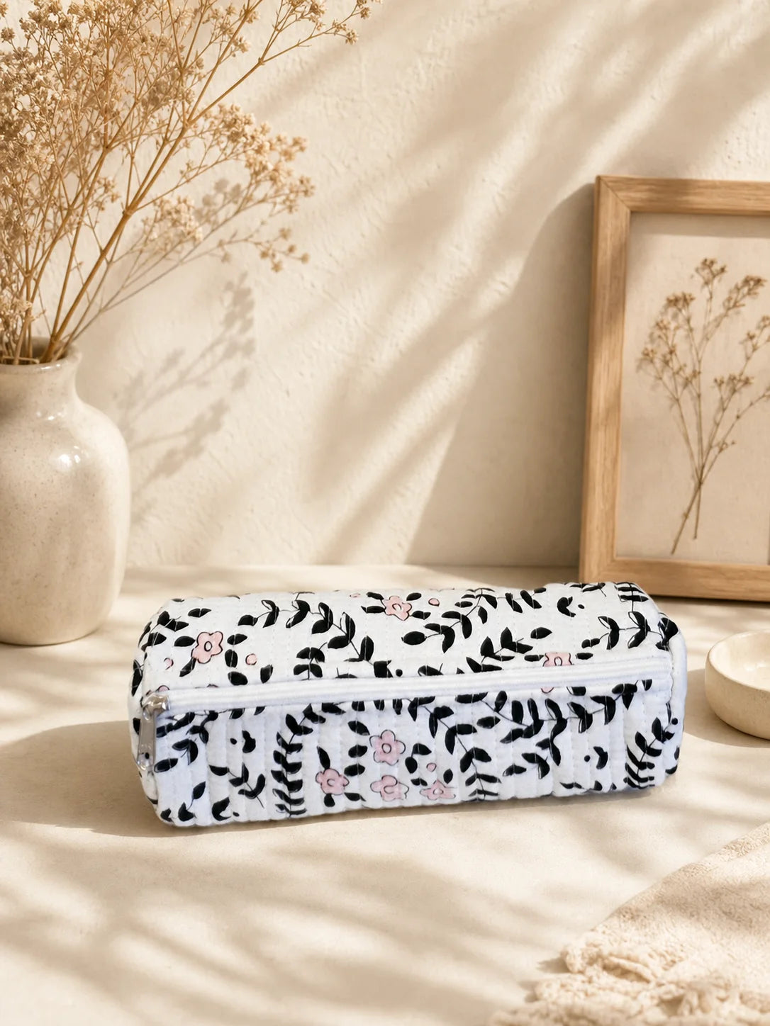 Quilted Handblock Printed White and Black pencil pouch