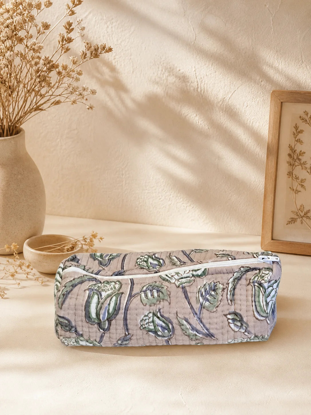 Quilted Handblock Printed Beige pencil pouch