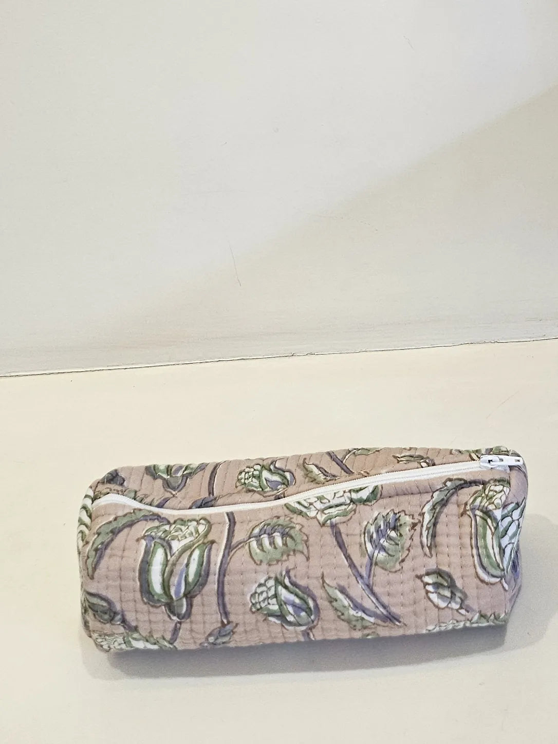 Quilted Handblock Printed Beige pencil pouch
