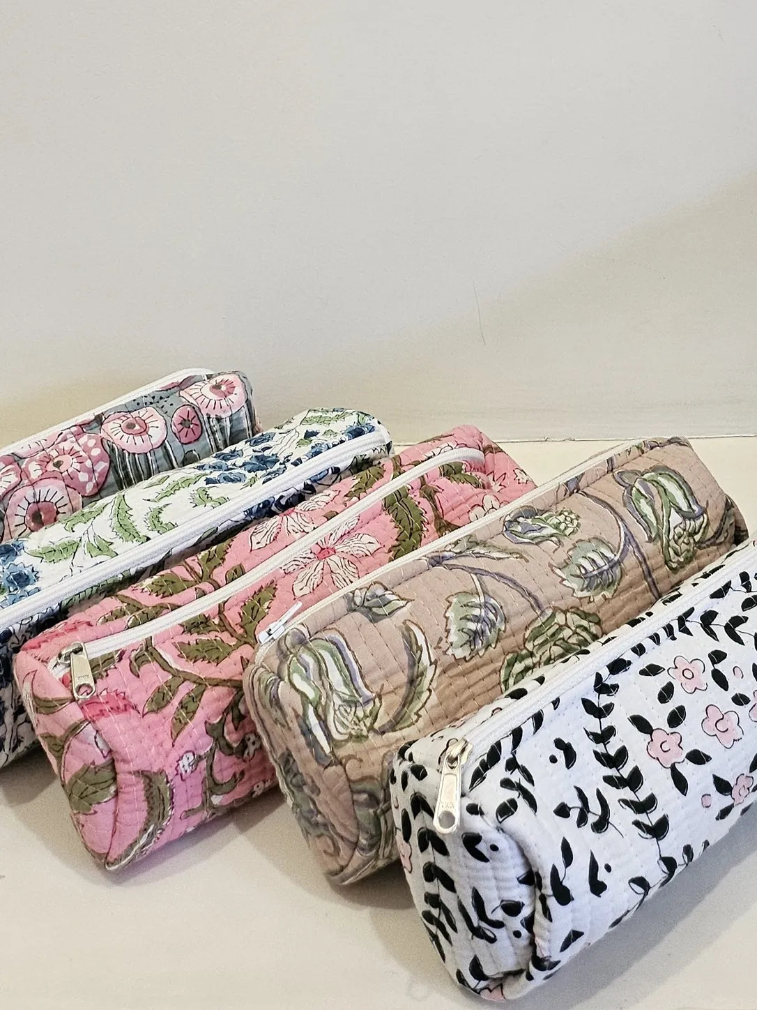 Quilted Handblock Printed Beige pencil pouch
