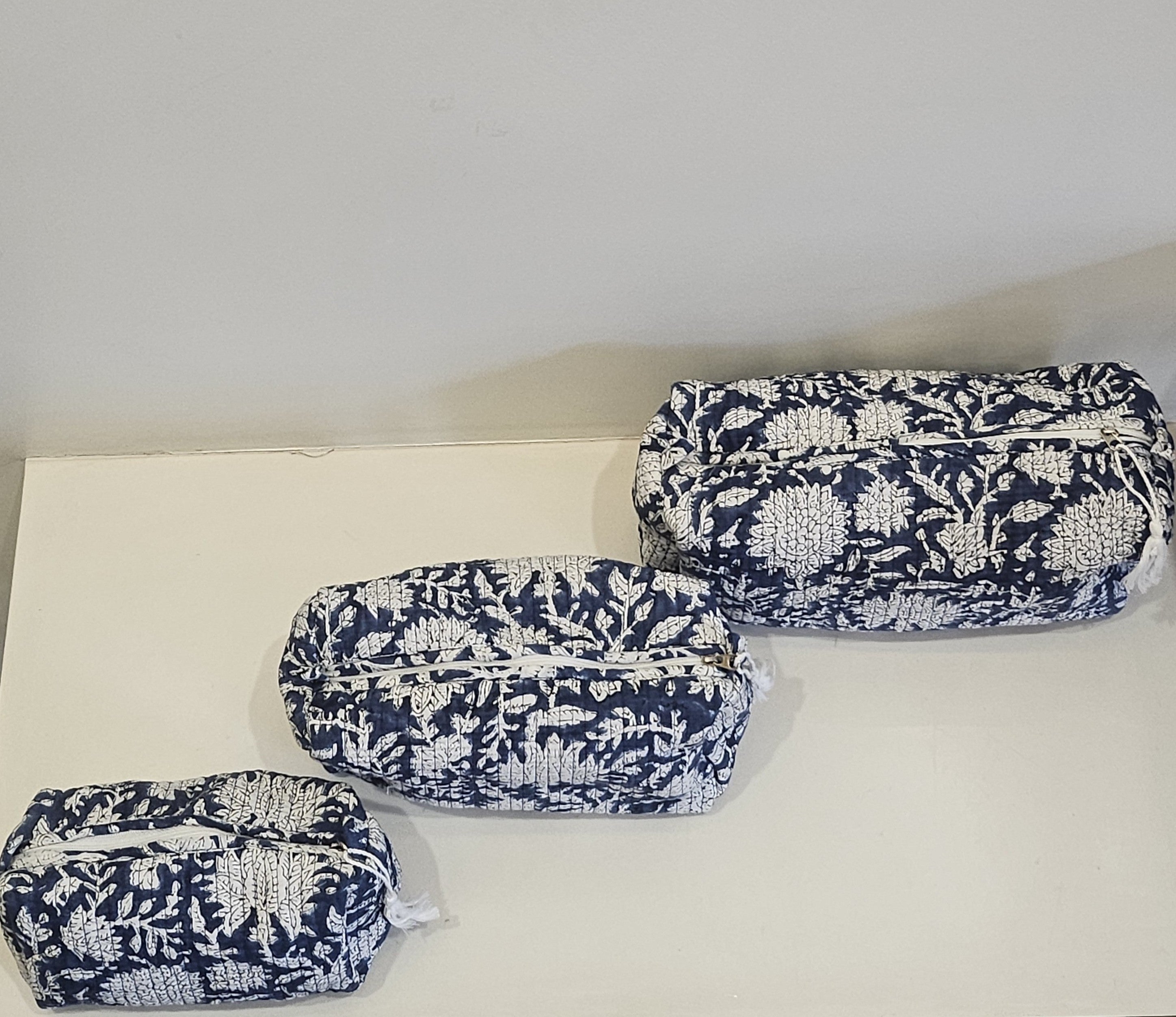 Quilted Handblock Printed Blue Pouch set