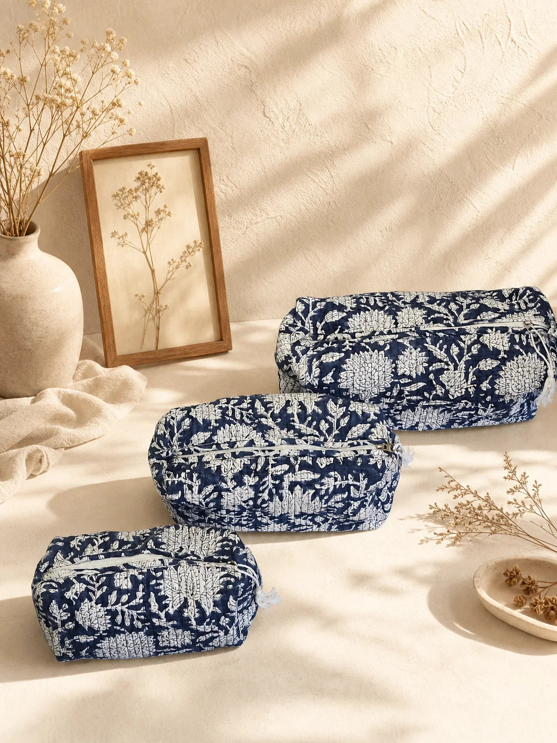 Quilted Handblock Printed Blue Pouch set