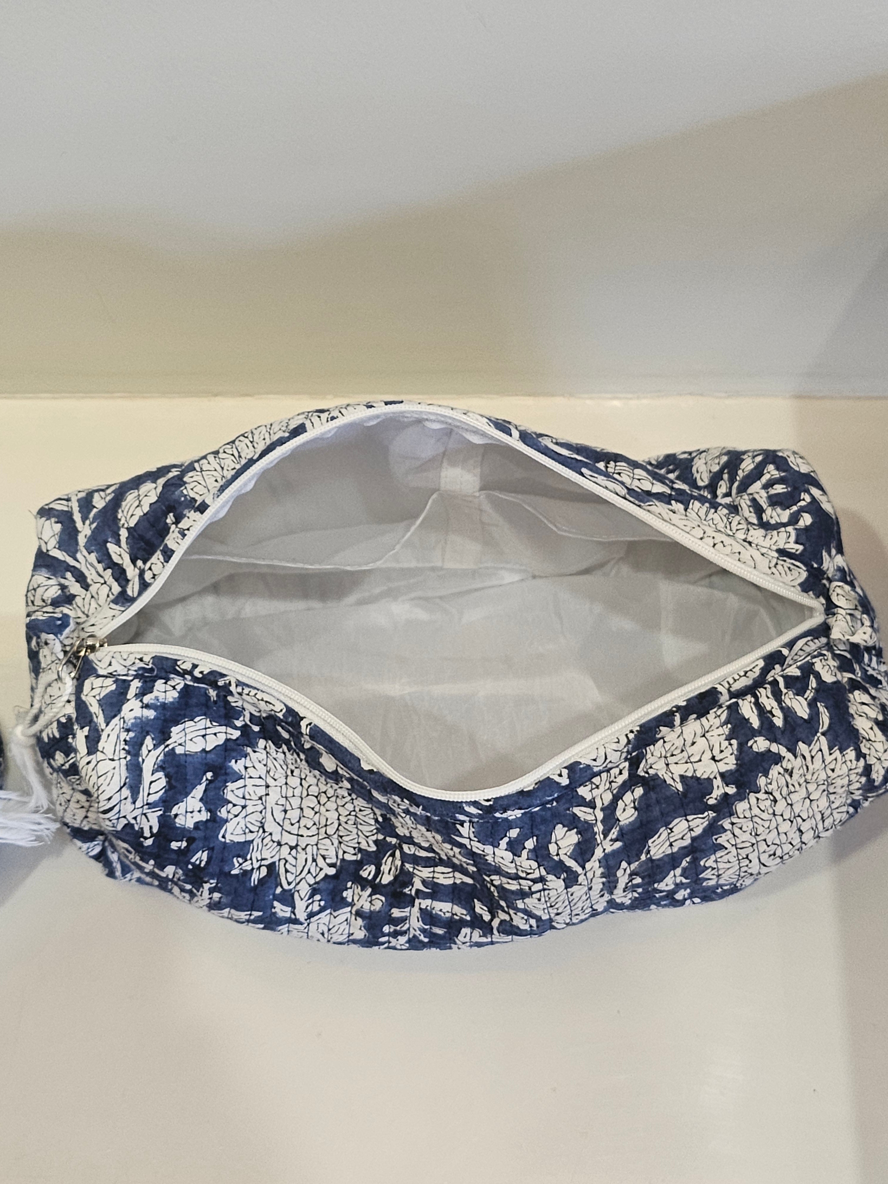 Quilted Handblock Printed Blue Pouch set