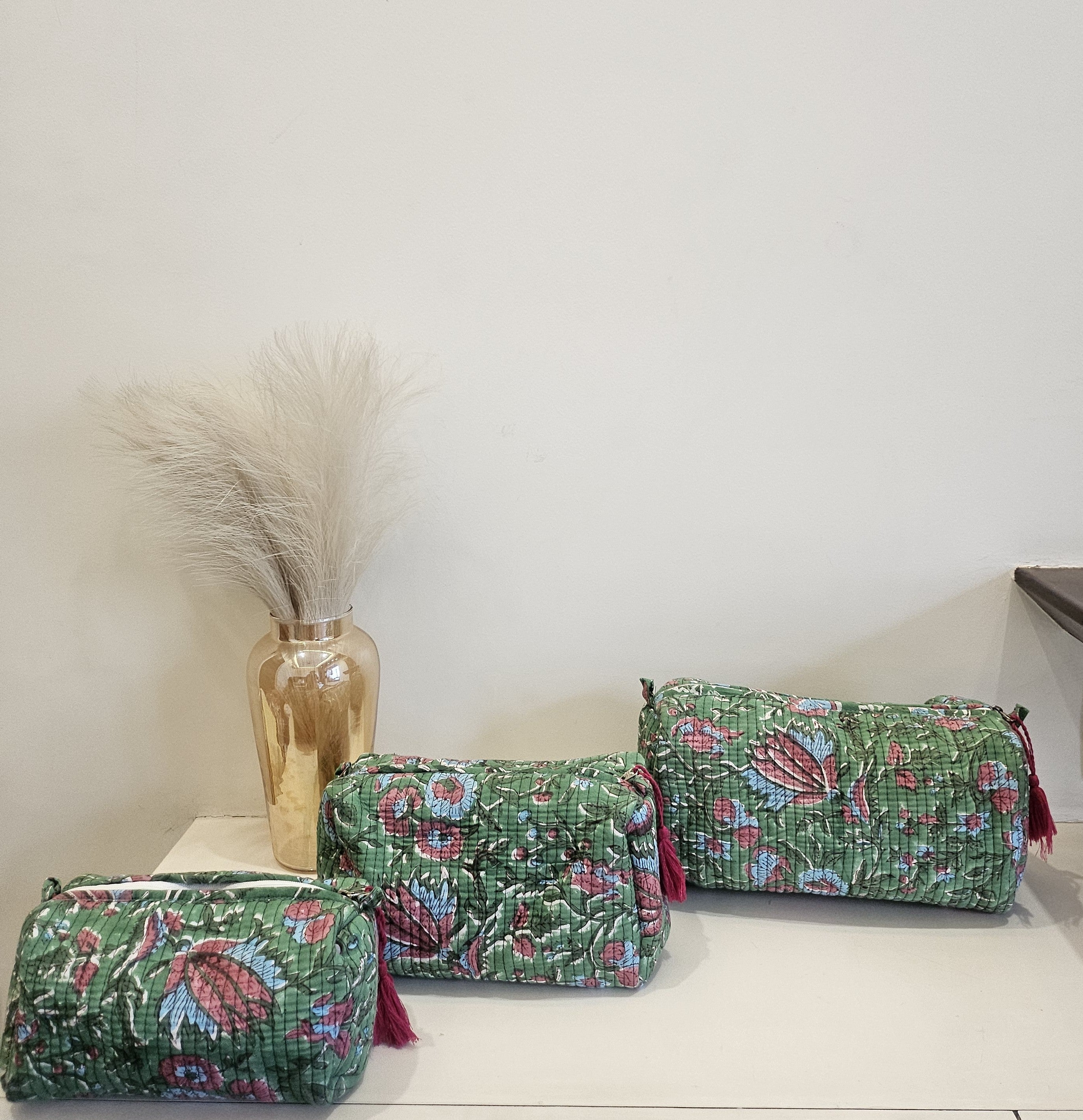 Quilted Handblock Printed Green Pouch set