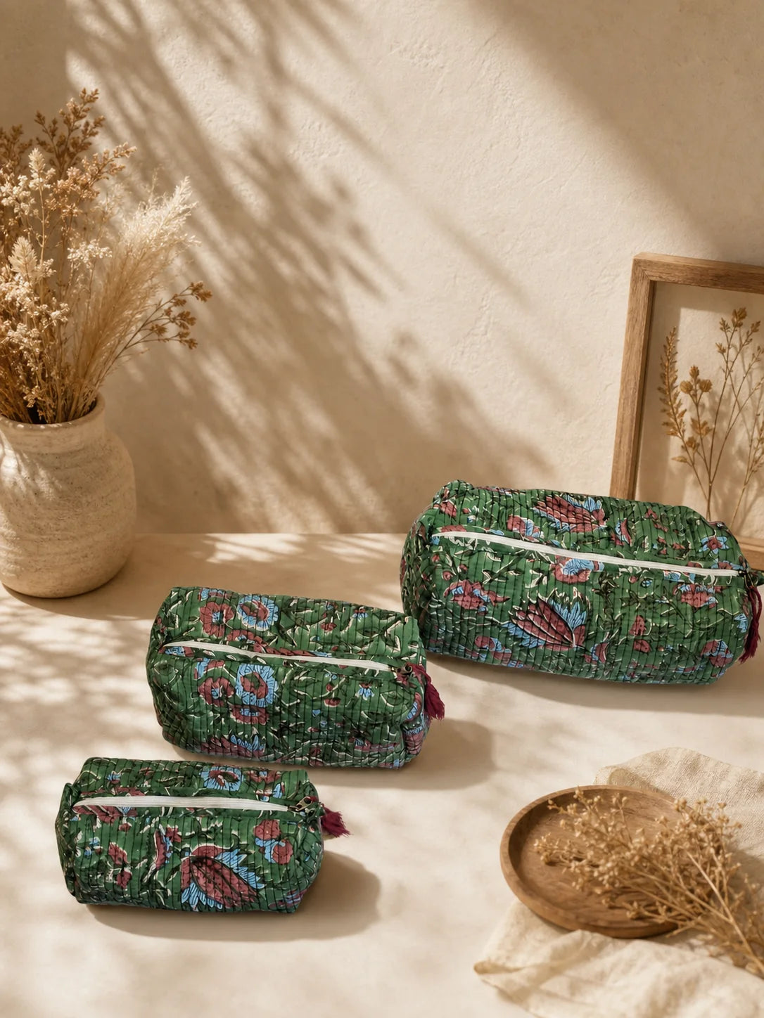 Quilted Handblock Printed Green Pouch set