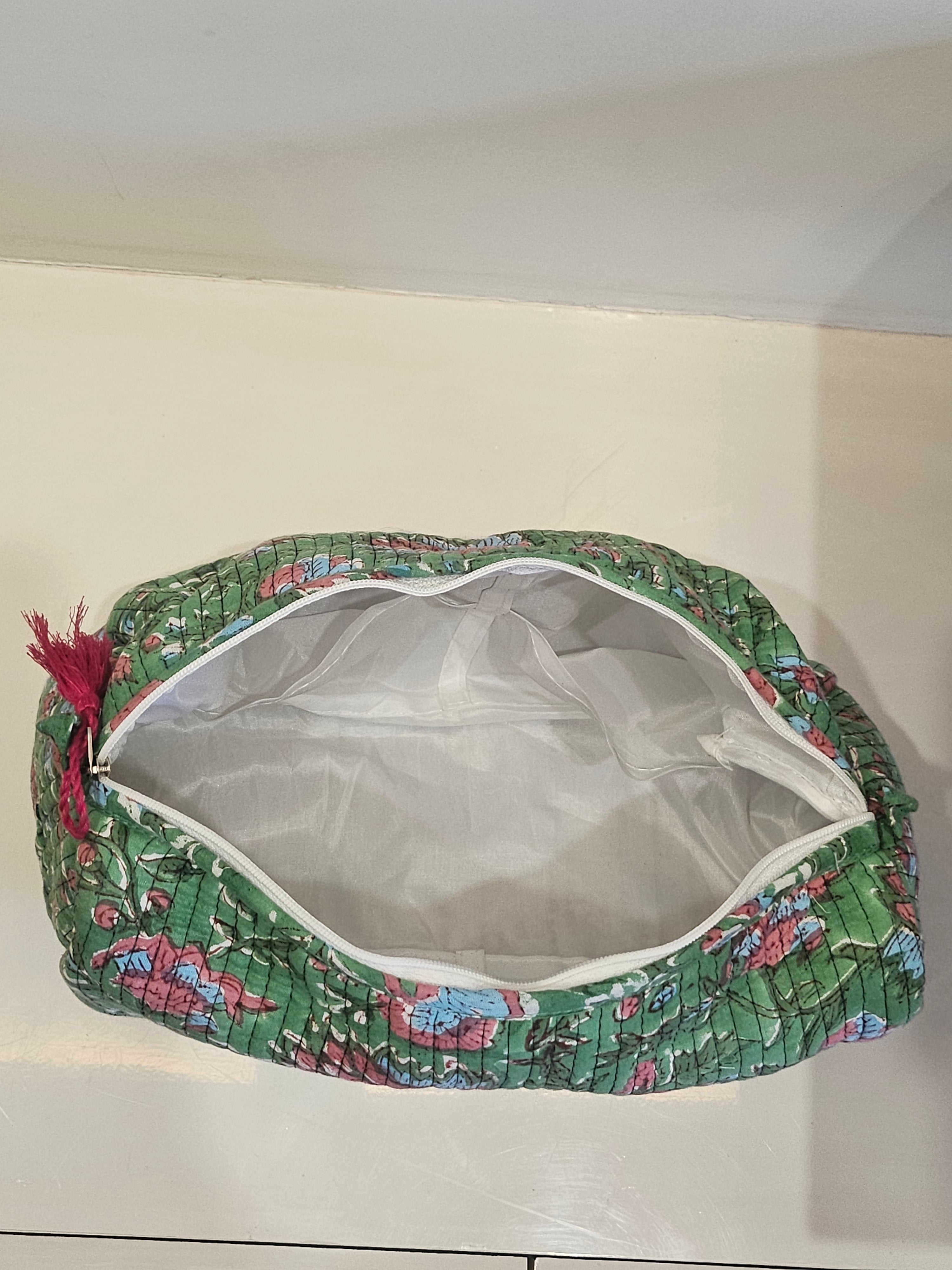 Quilted Handblock Printed Green Pouch set