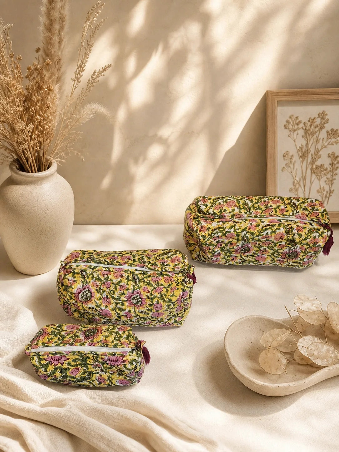 Quilted Handblock Printed Yellow Pouch set