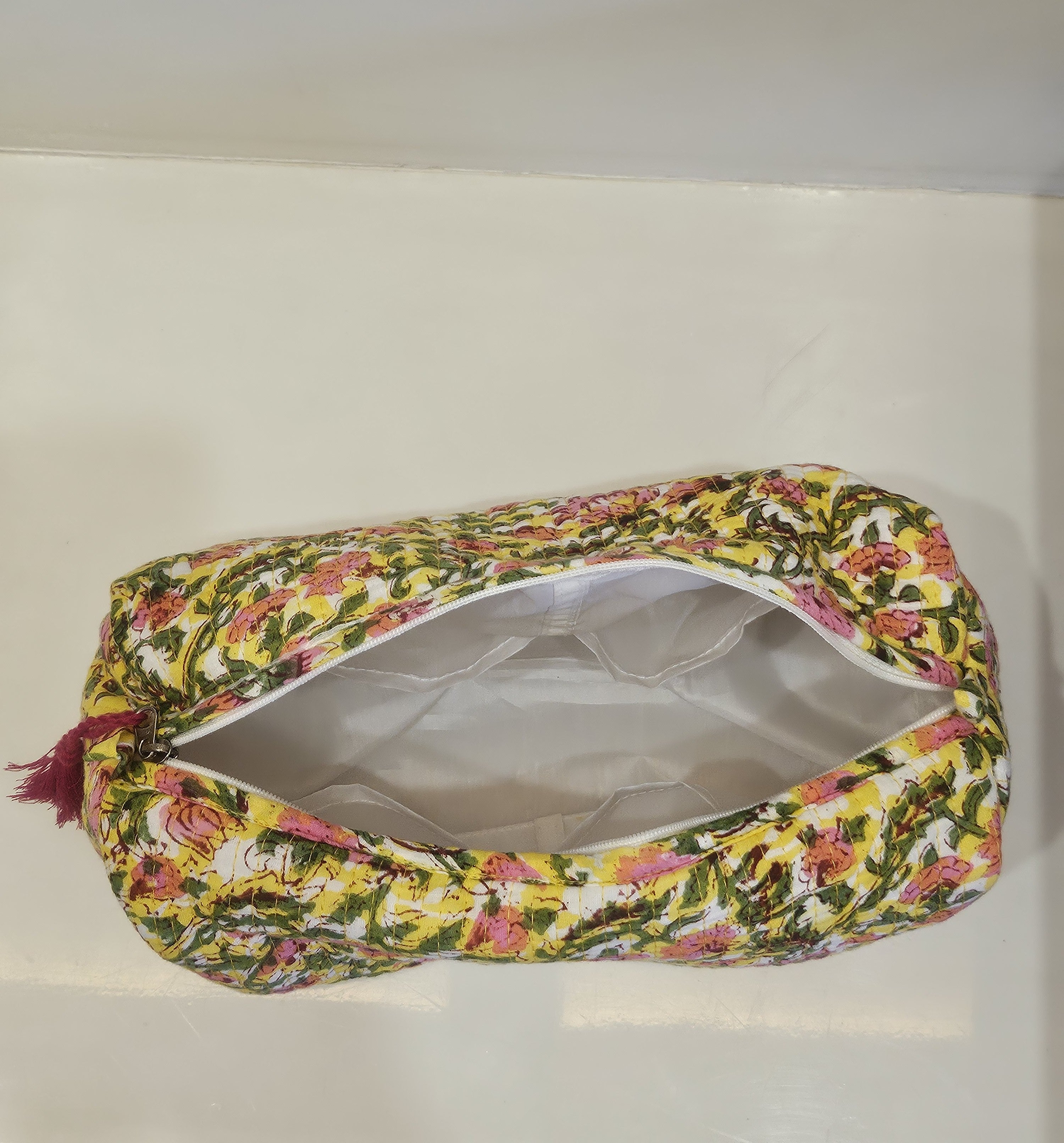 Quilted Handblock Printed Yellow Pouch set