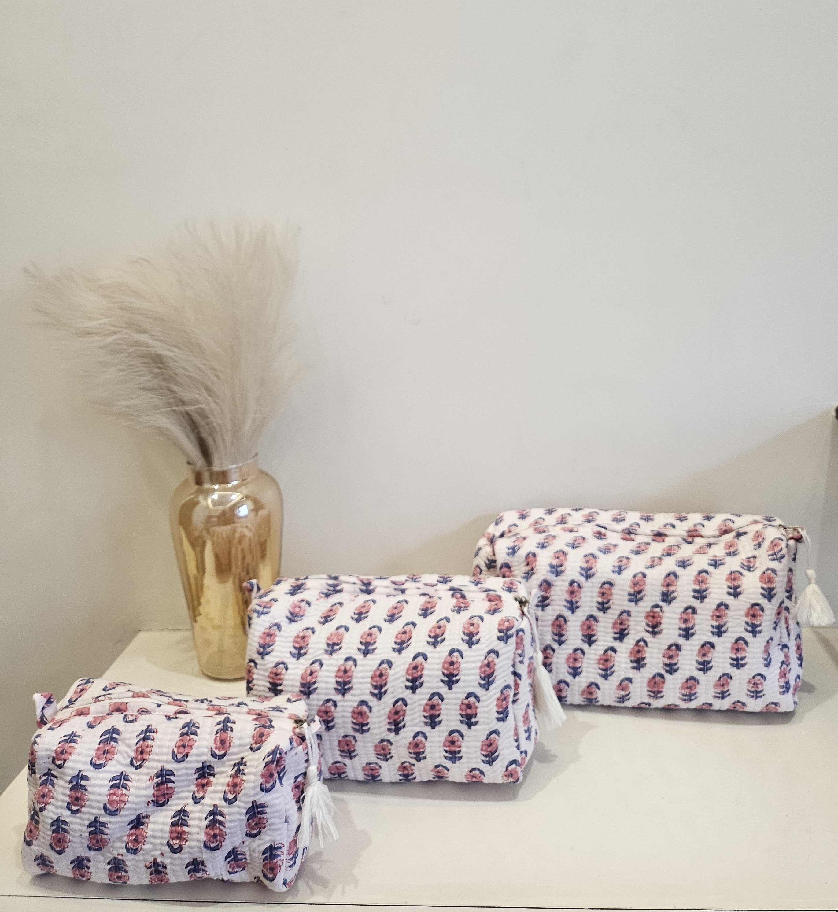 Quilted Handblock Printed White Pouch set