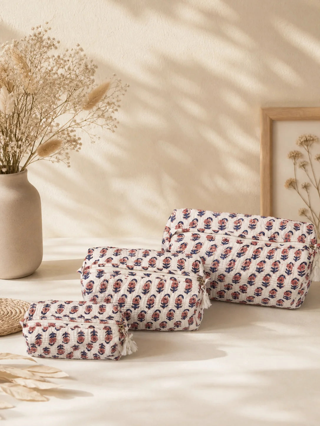 Quilted Handblock Printed White Pouch set