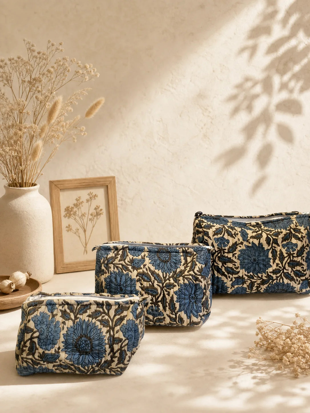 Quilted Hand Printed Blue Pouch set