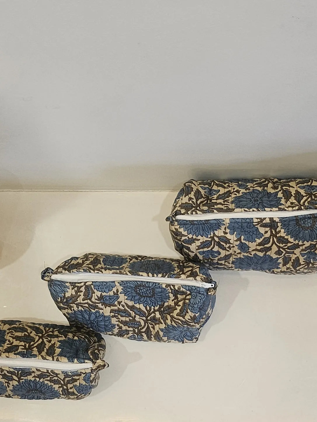 Quilted Hand Printed Blue Pouch set