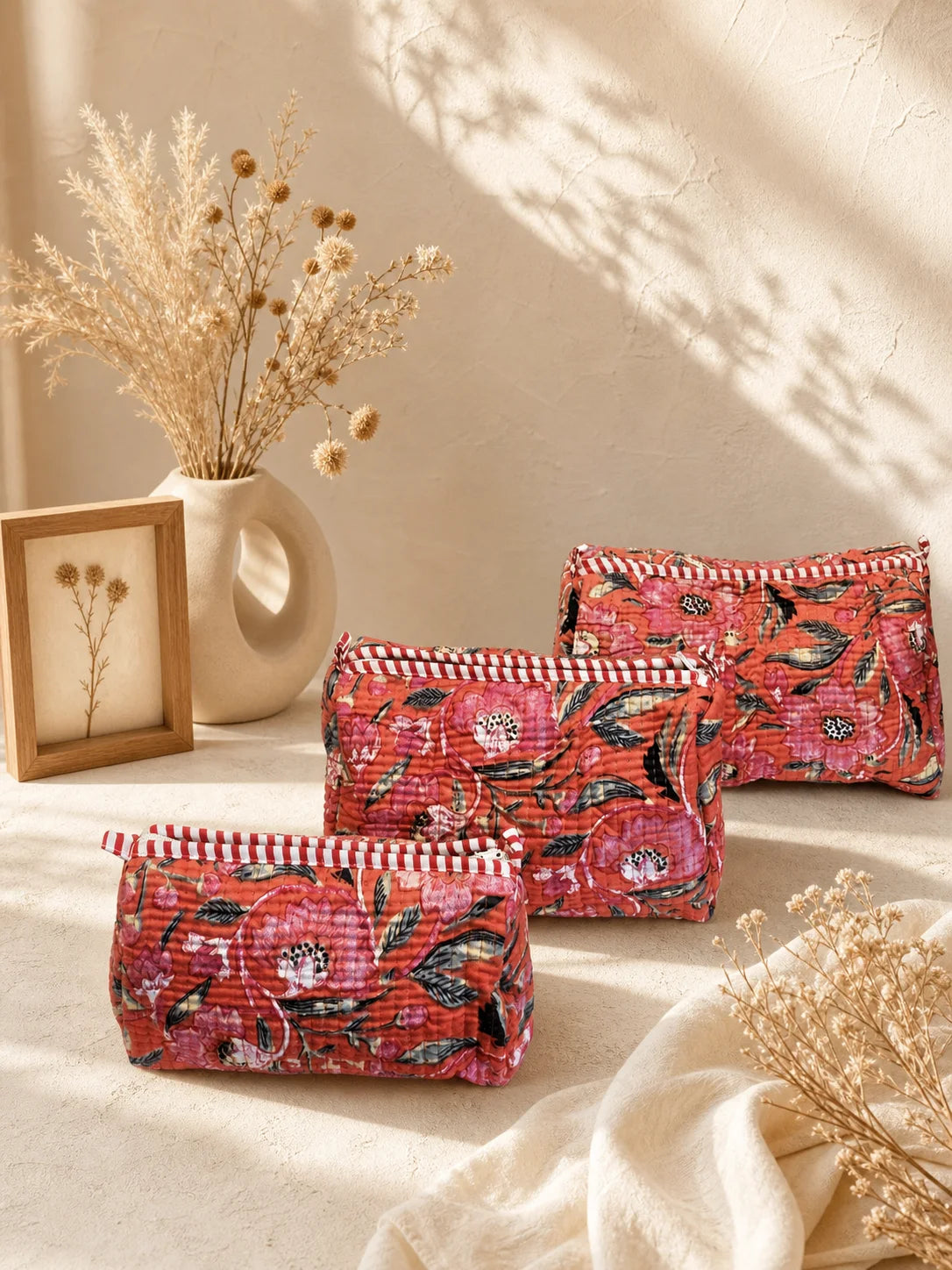 Quilted Hand Printed Orange Pouch set