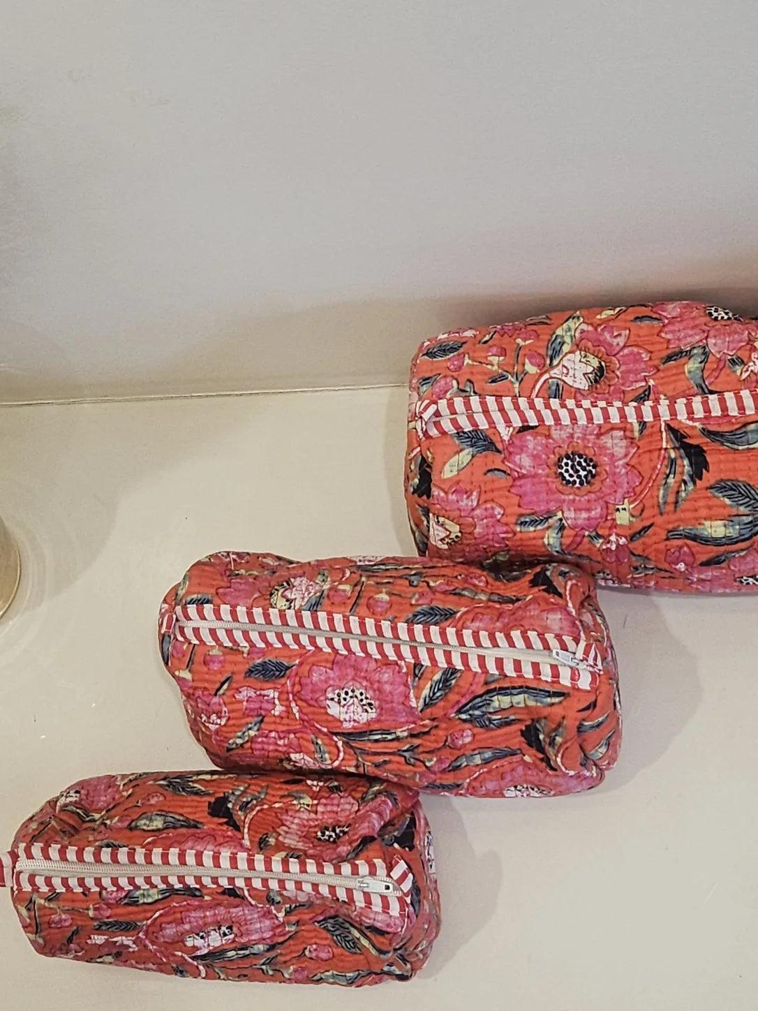 Quilted Hand Printed Orange Pouch set