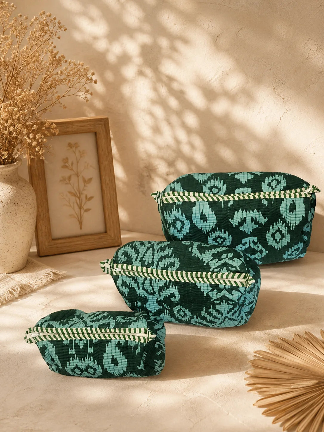 Quilted Hand Printed Green Pouch set