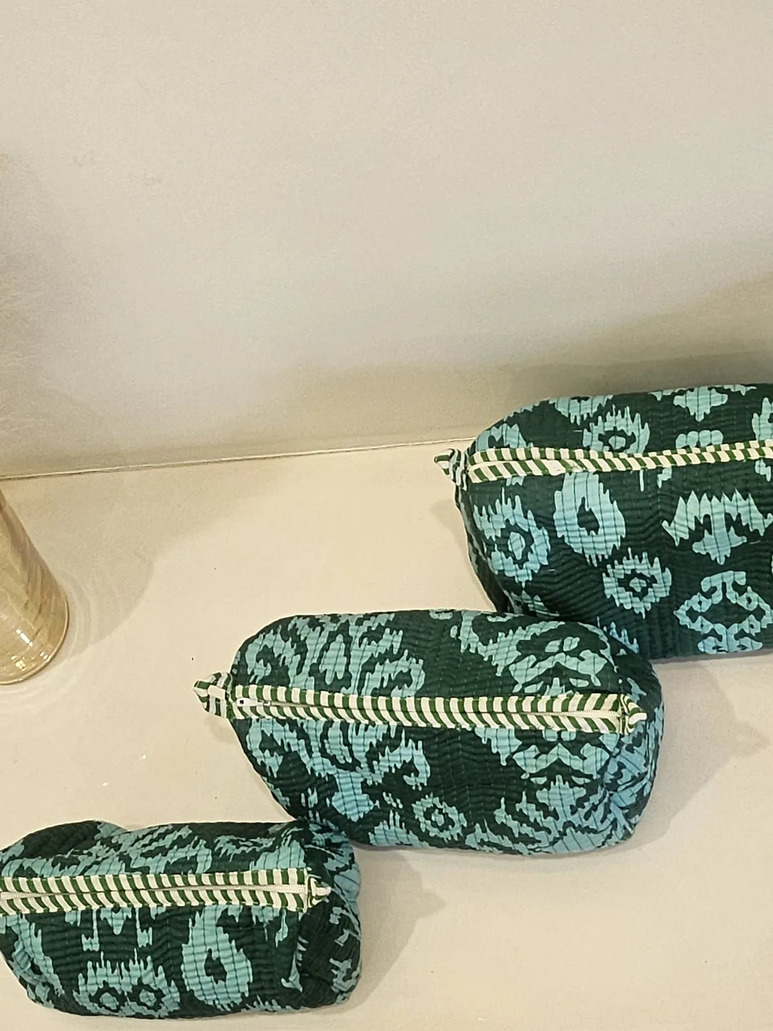 Quilted Hand Printed Green Pouch set