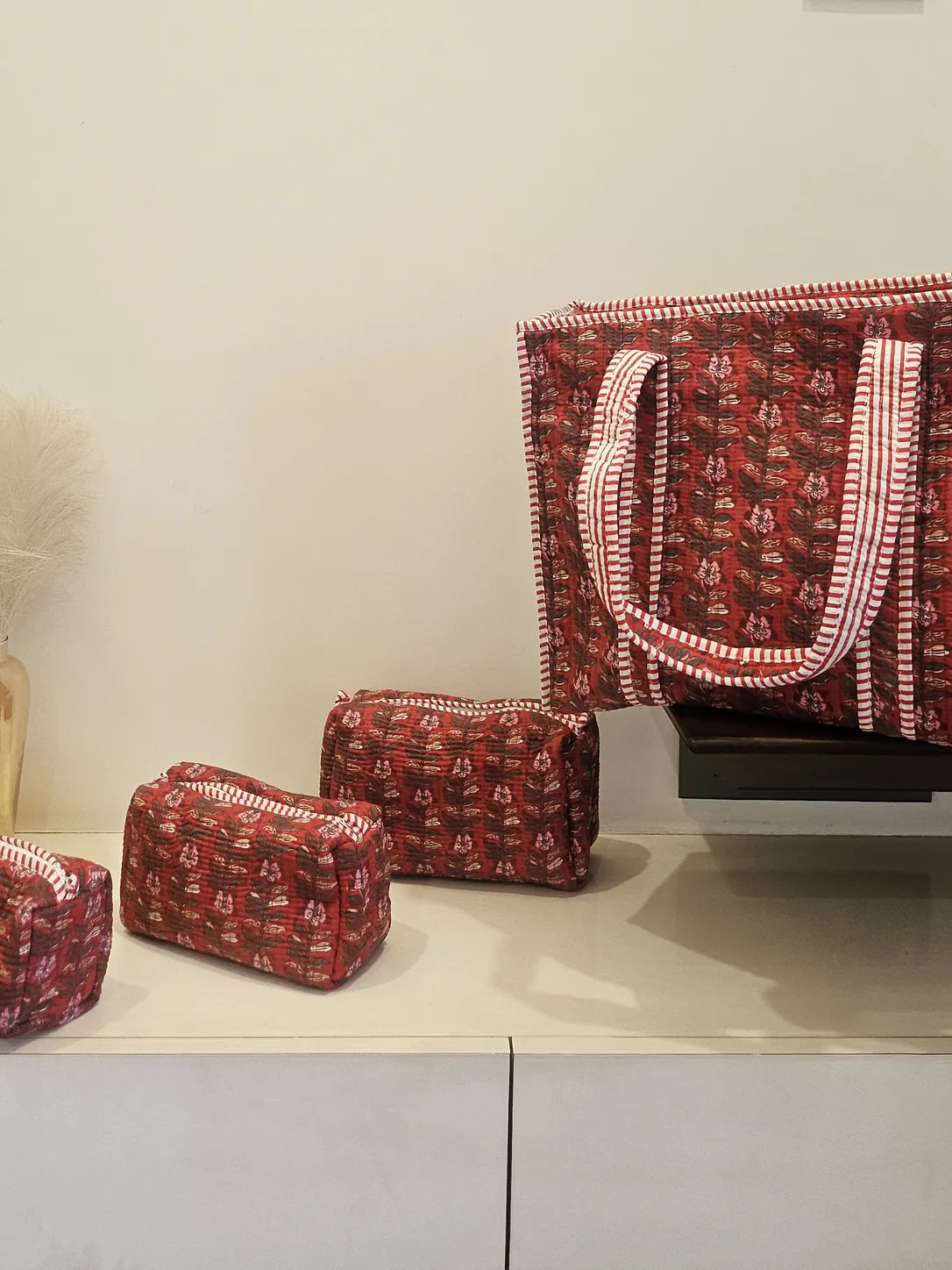 Quiilted Blockprinted Red Tote bag Combo