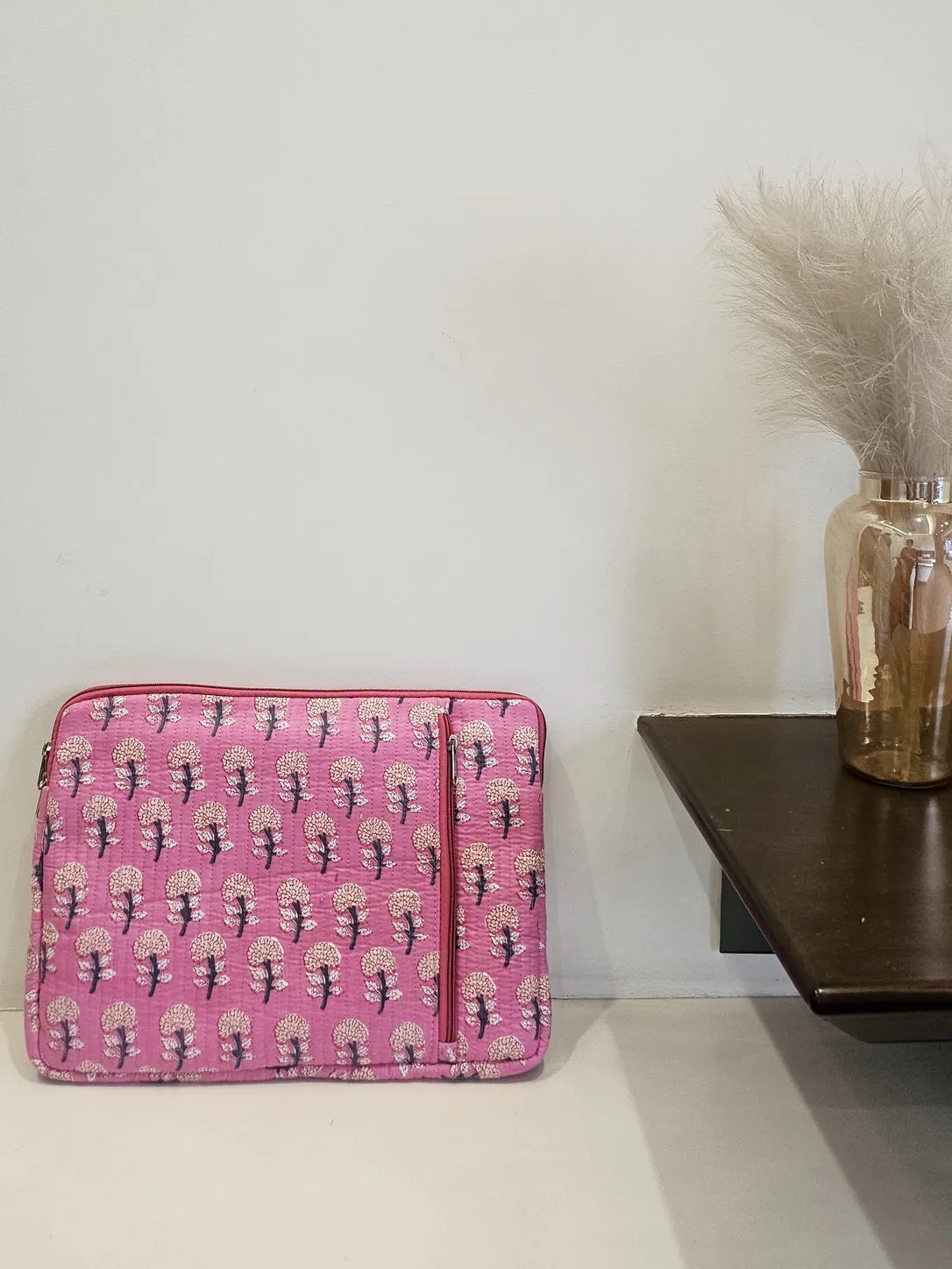Hand Blockprinted Quilted Pink Macbook Sleeve