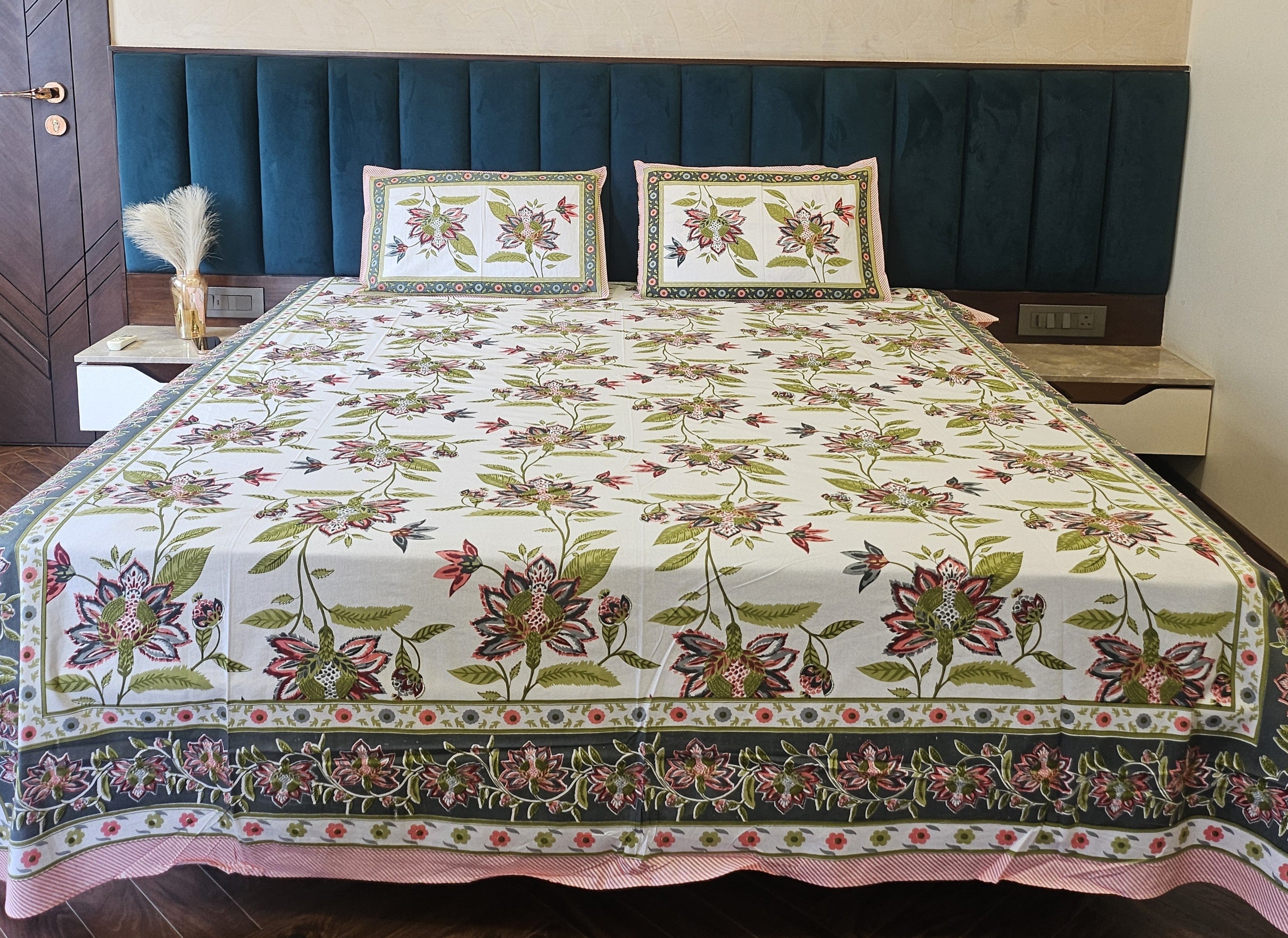 Hand Printed Green Floral Bed Sheet