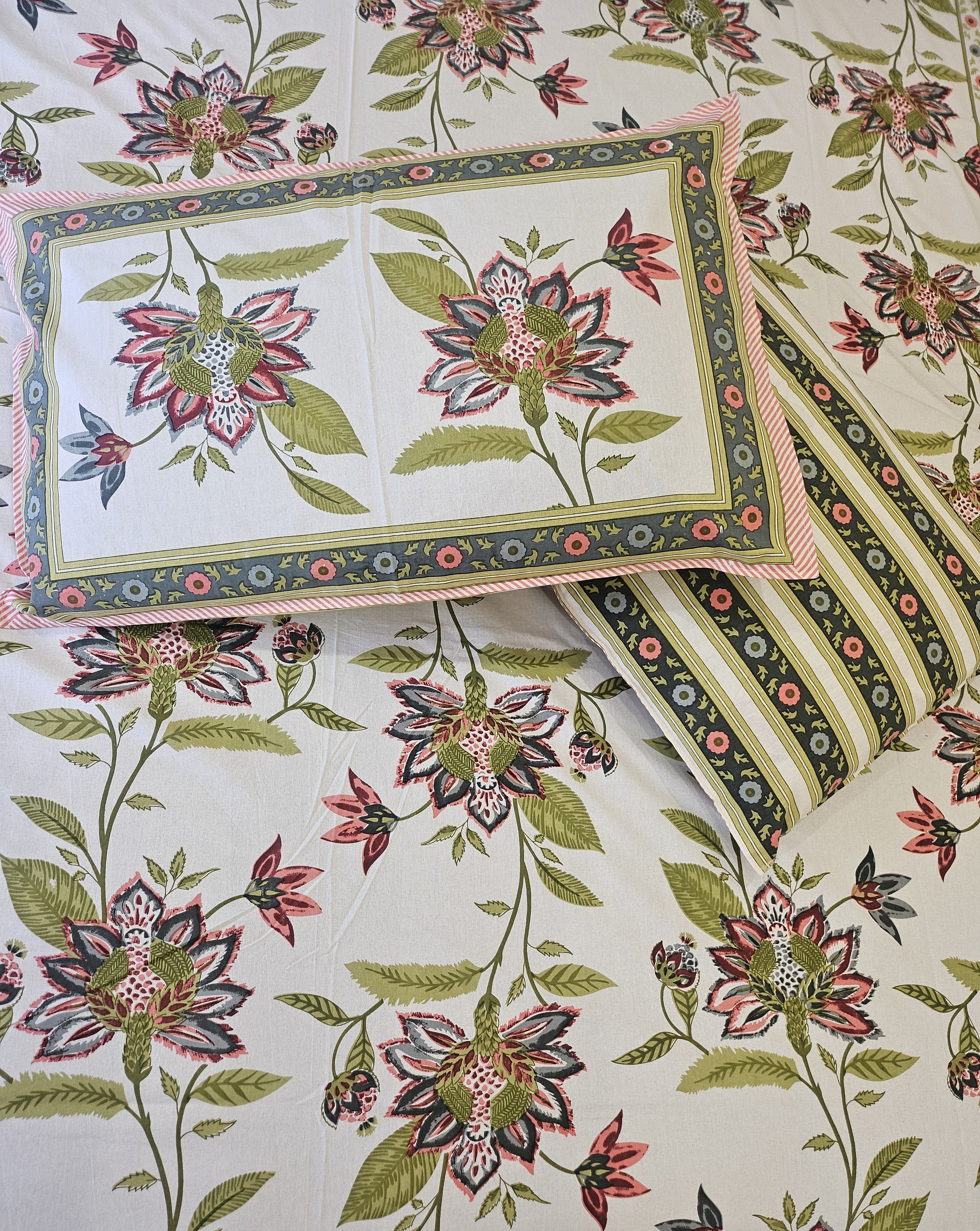 Hand Printed Green Floral Bed Sheet