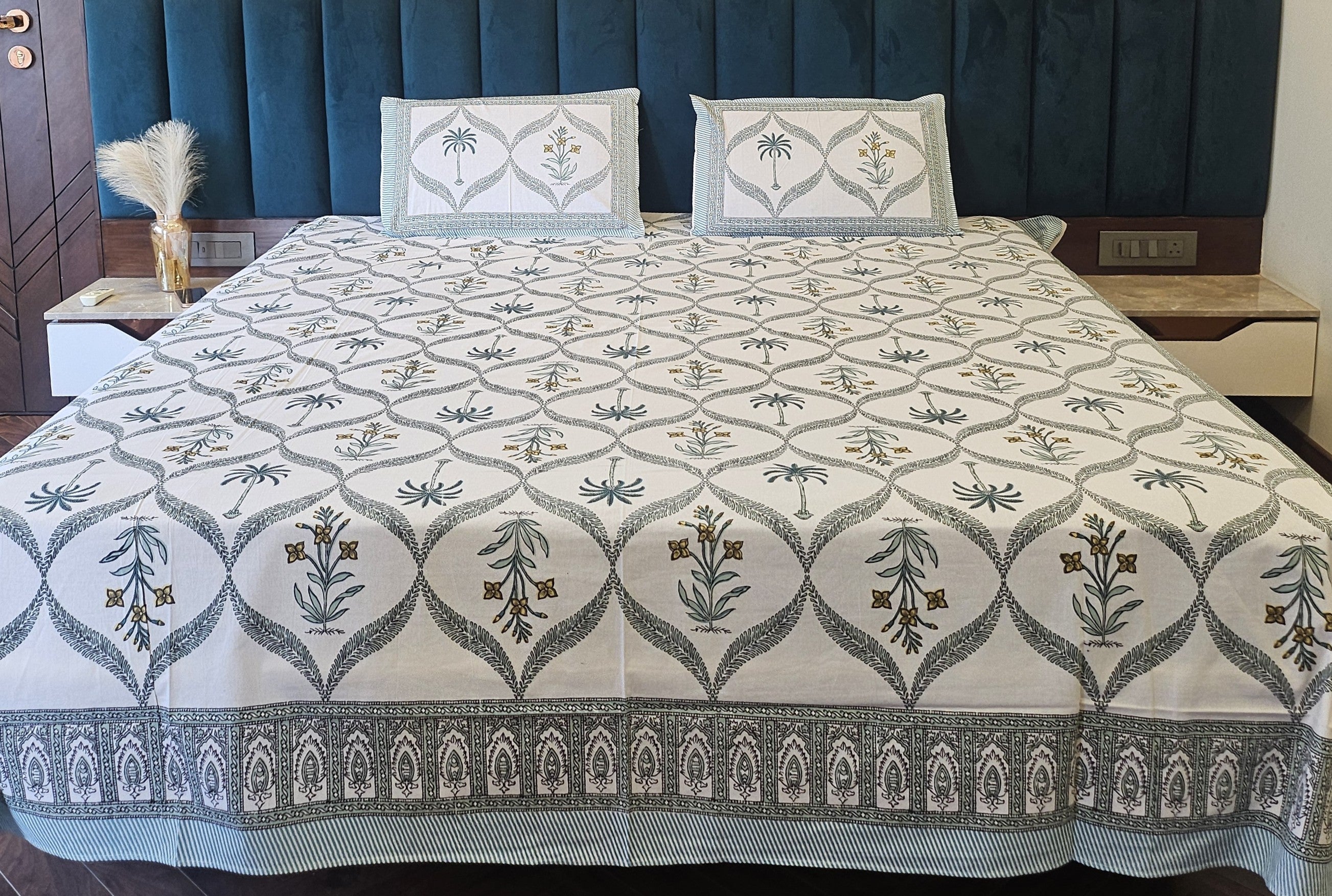 Hand Printed Palm Grey Bed Sheet