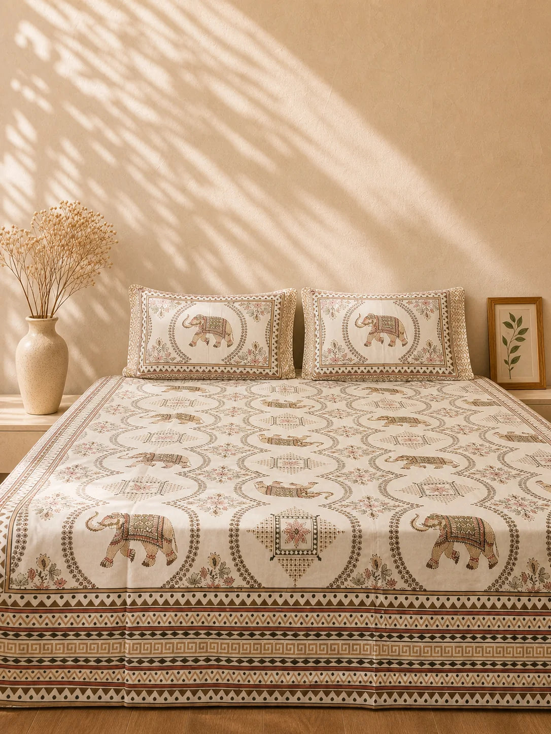 Hand Printed Elephant Brown Bed Sheet