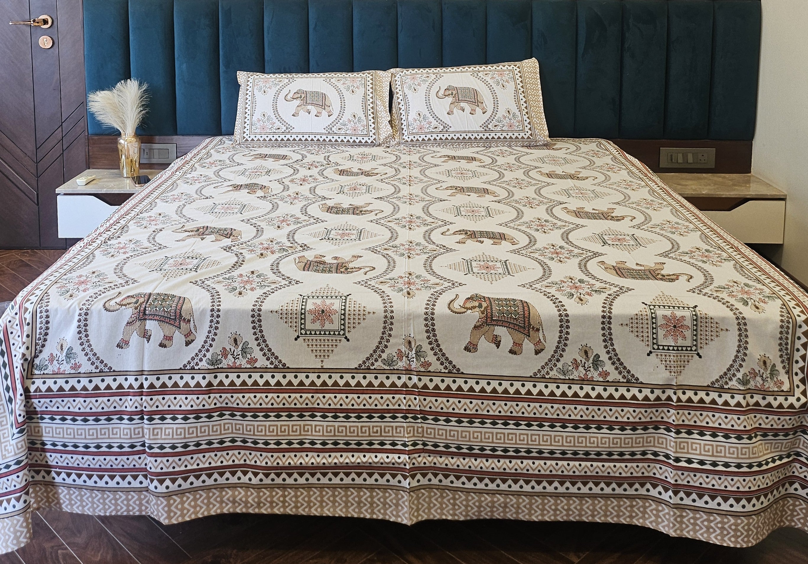 Hand Printed Elephant Brown Bed Sheet