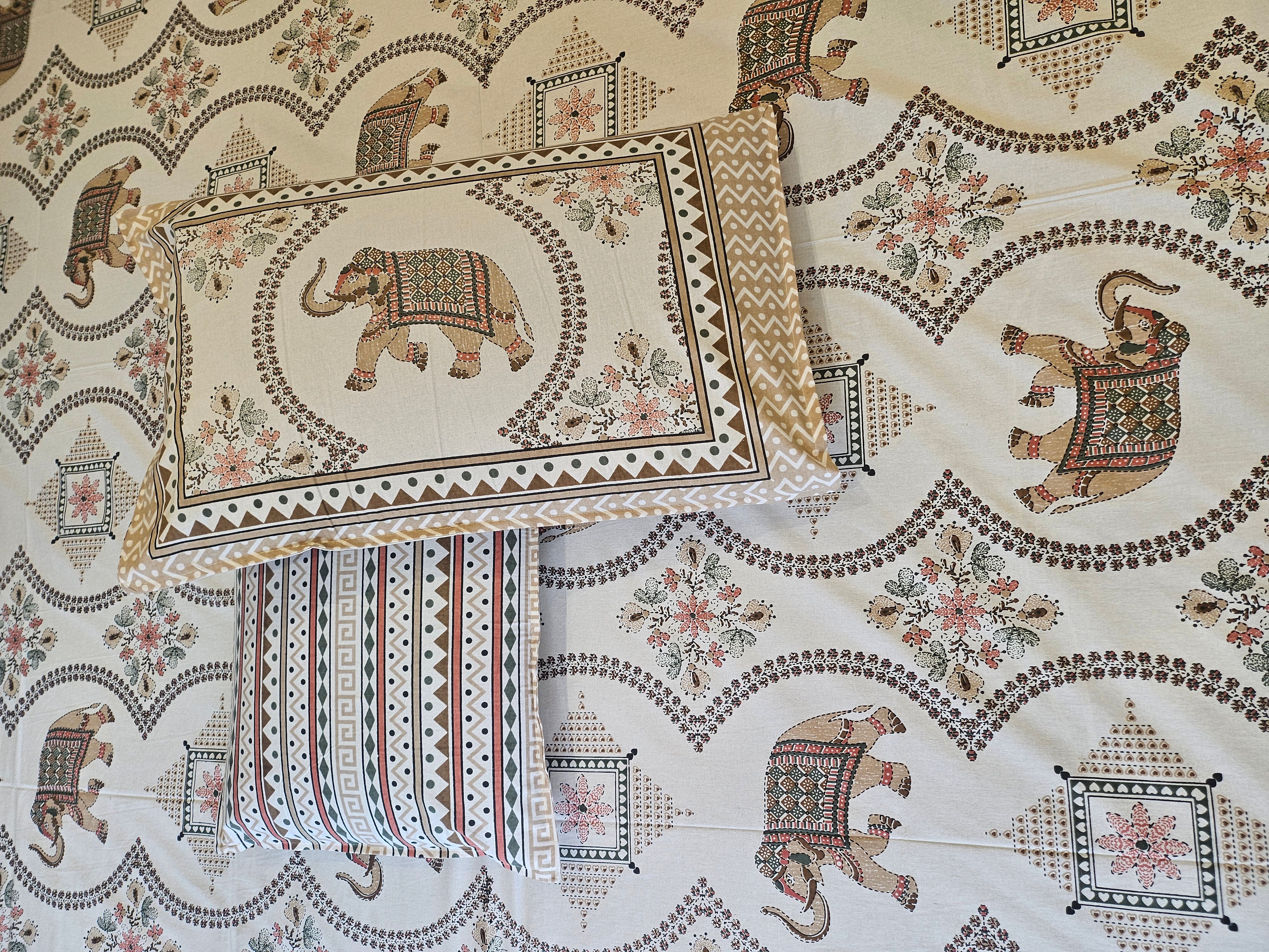 Hand Printed Elephant Brown Bed Sheet