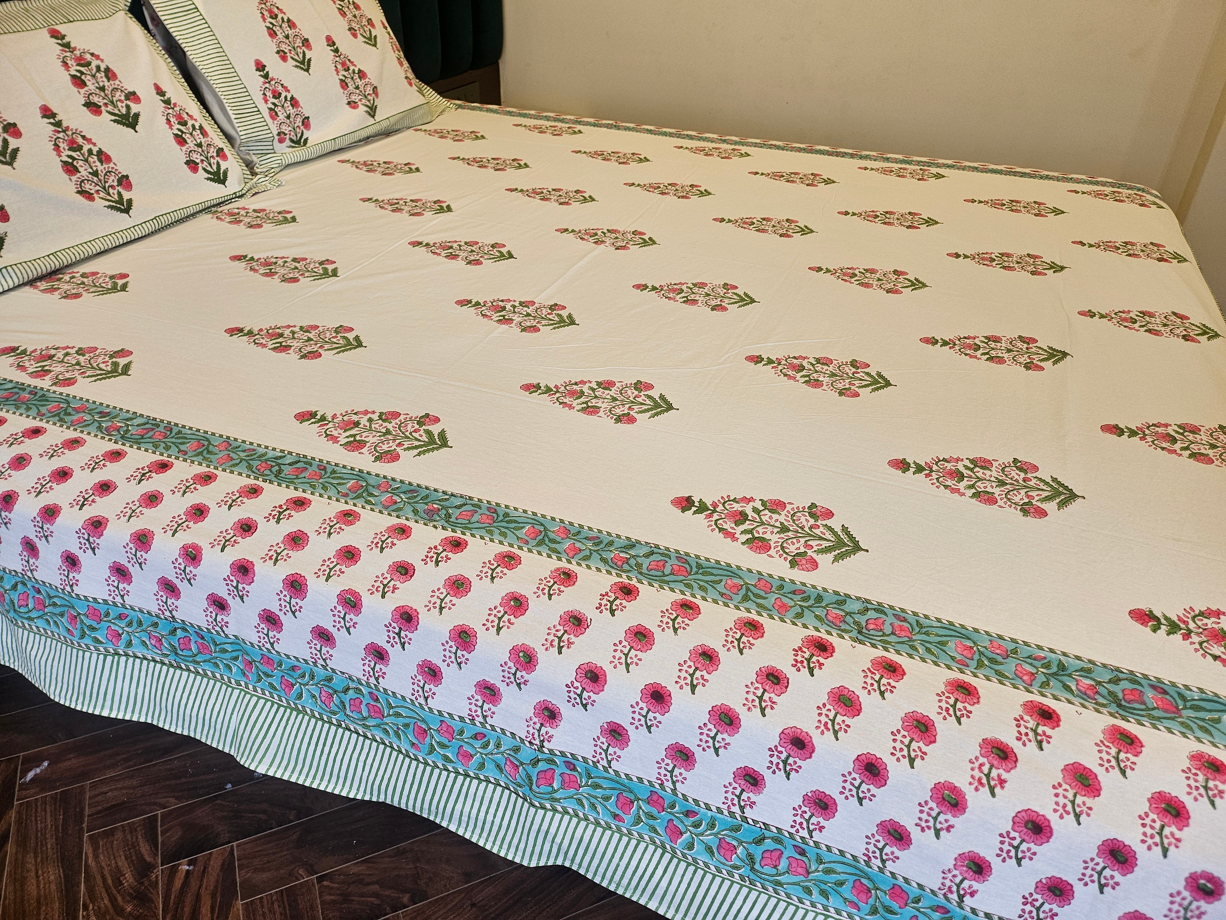 Handblock Printed Pink Motif Bedsheet