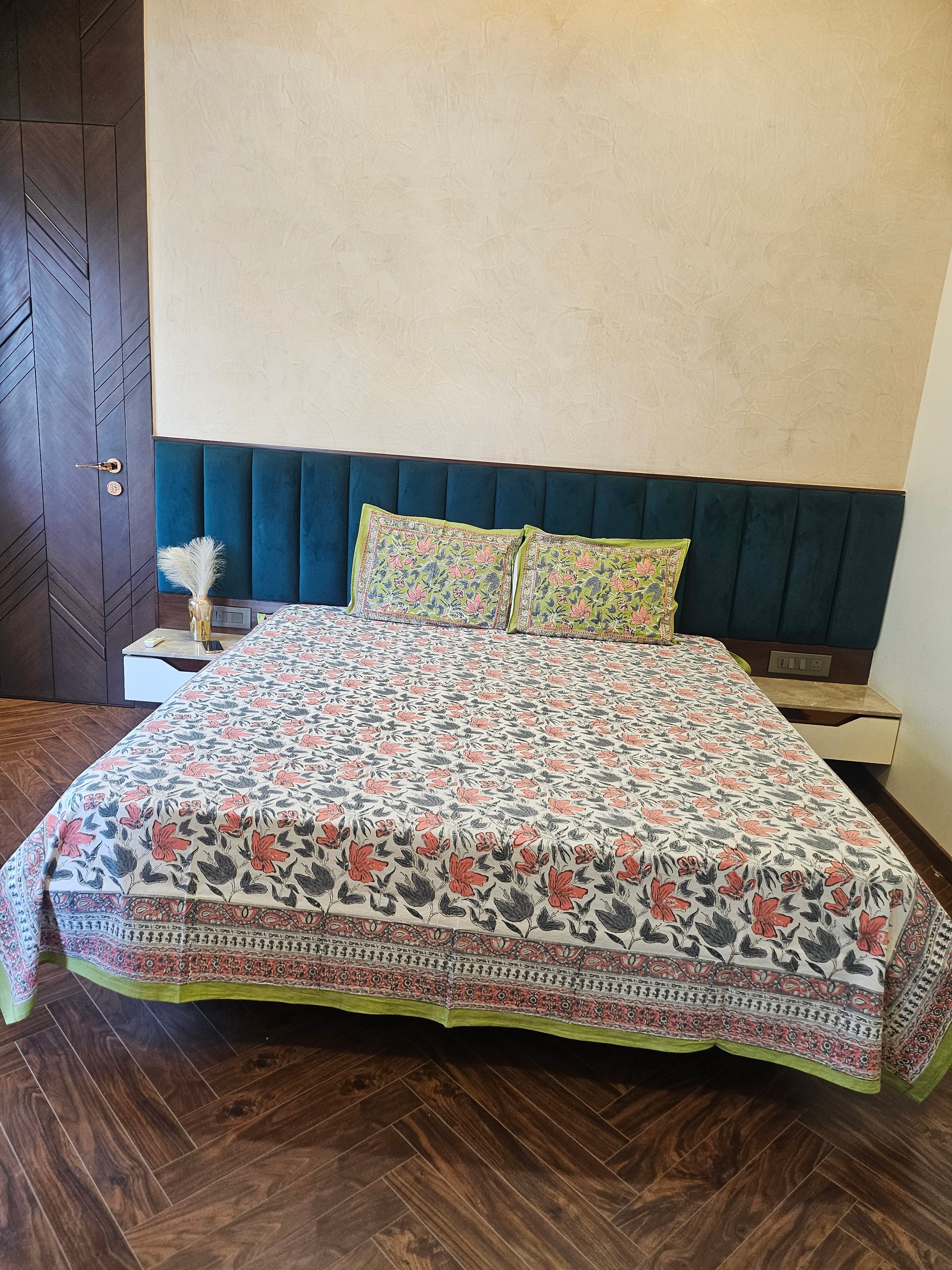 Handblock Printed Green Bedsheet