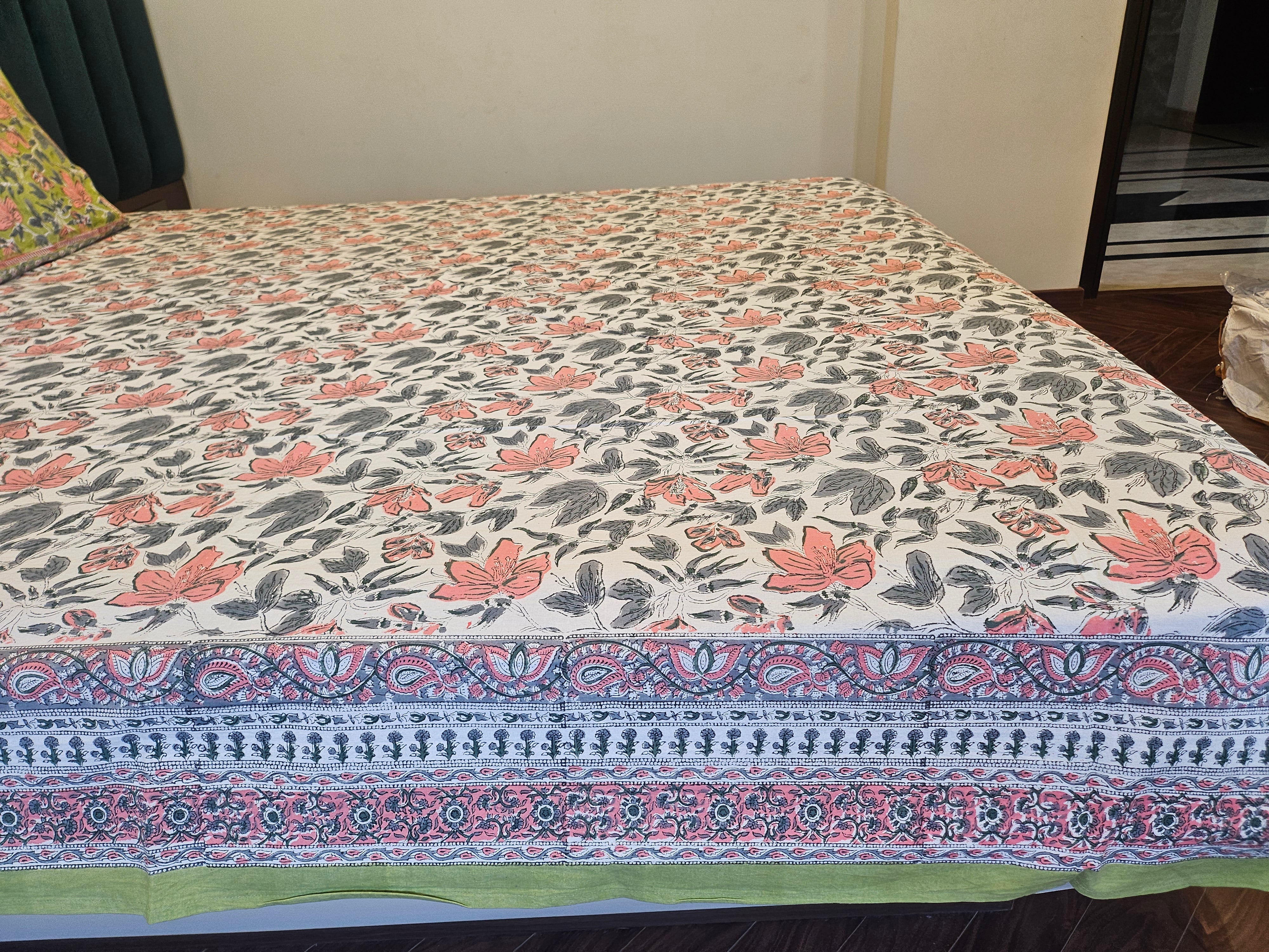 Handblock Printed Green Bedsheet