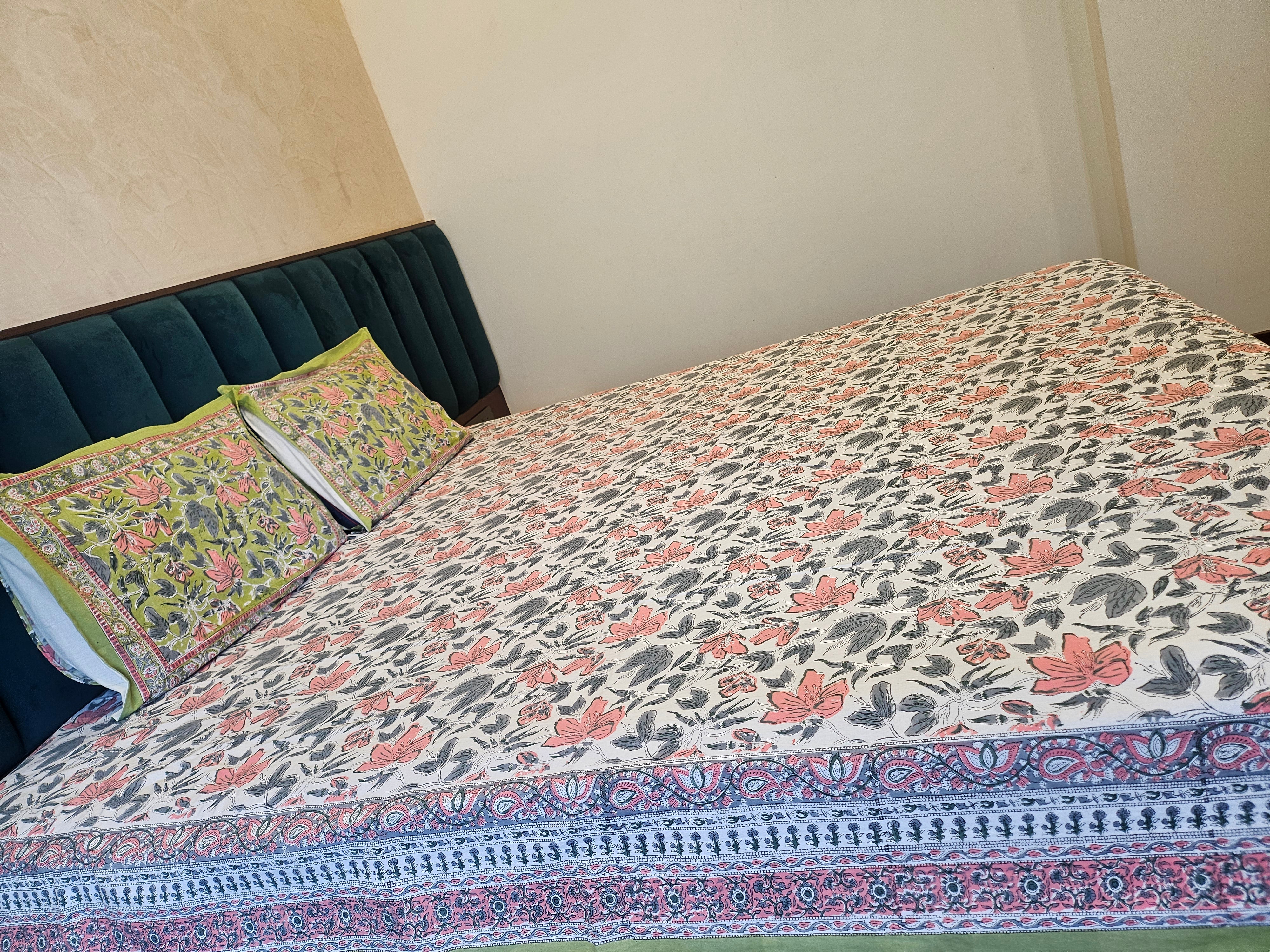 Handblock Printed Green Bedsheet