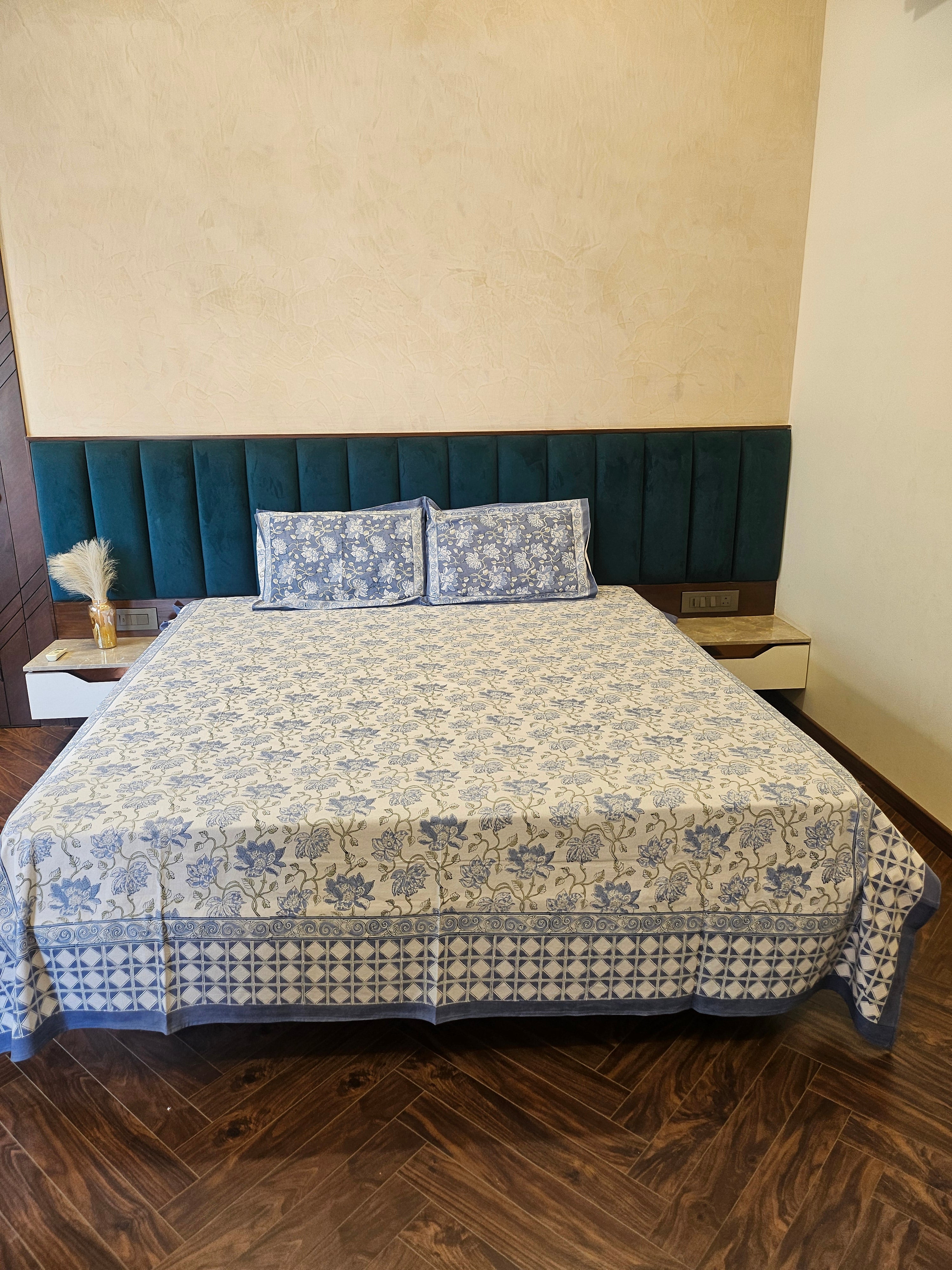 Handblock Printed Grey Bedsheet